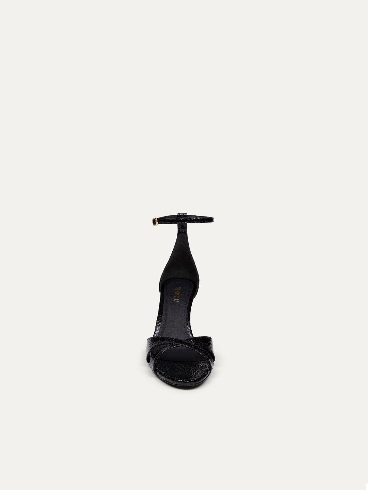 Bikkou 12:30PM Summer Lunch vegan black python heeled sandals front view