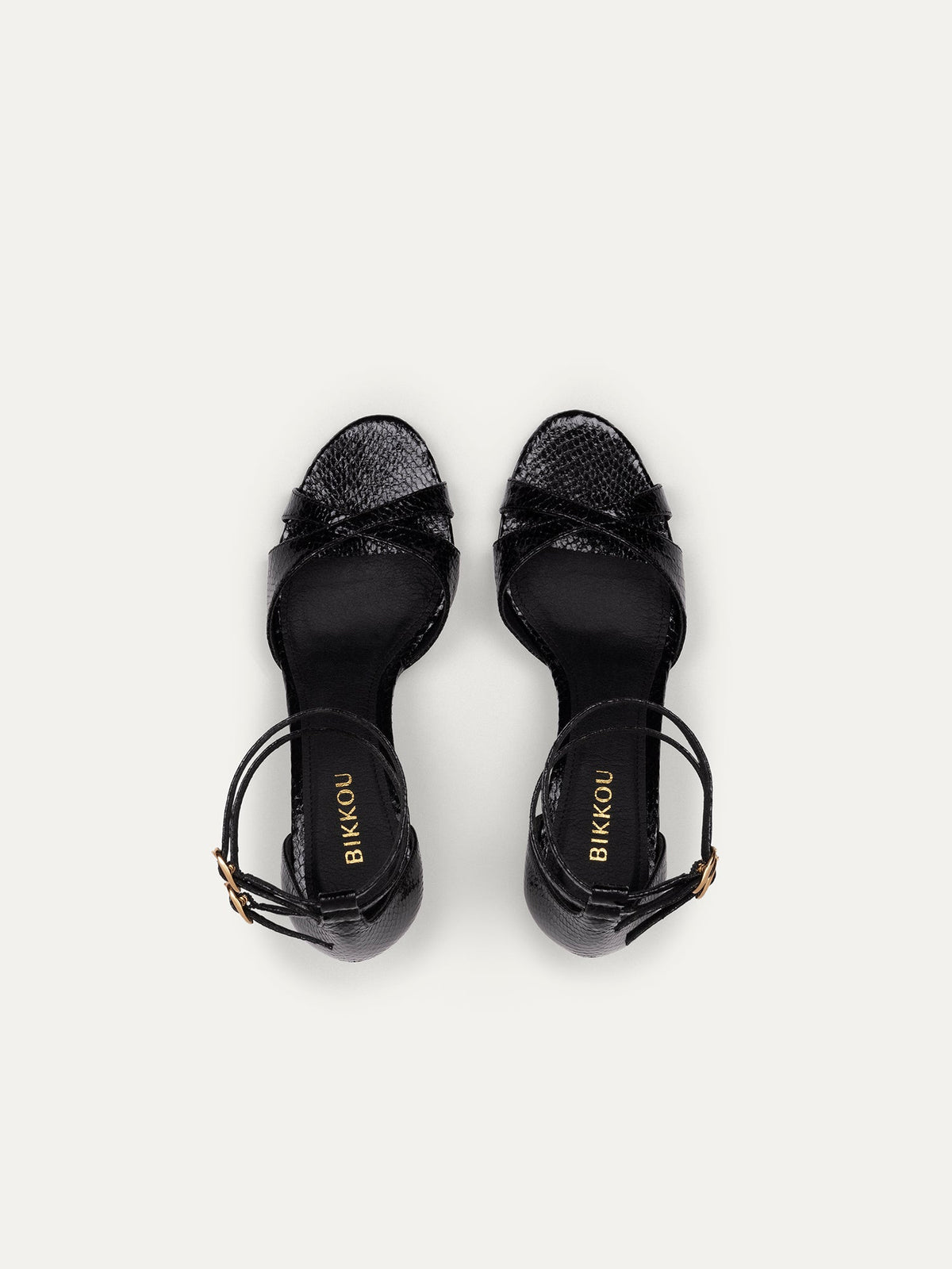 Bikkou 12:30PM Summer Lunch vegan black python heeled sandals top view