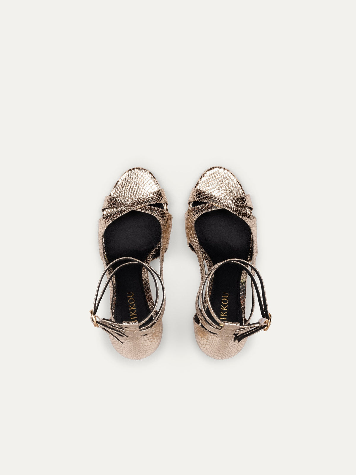 Bikkou 9PM Drinks with Friends vegan gold python heeled sandals top view