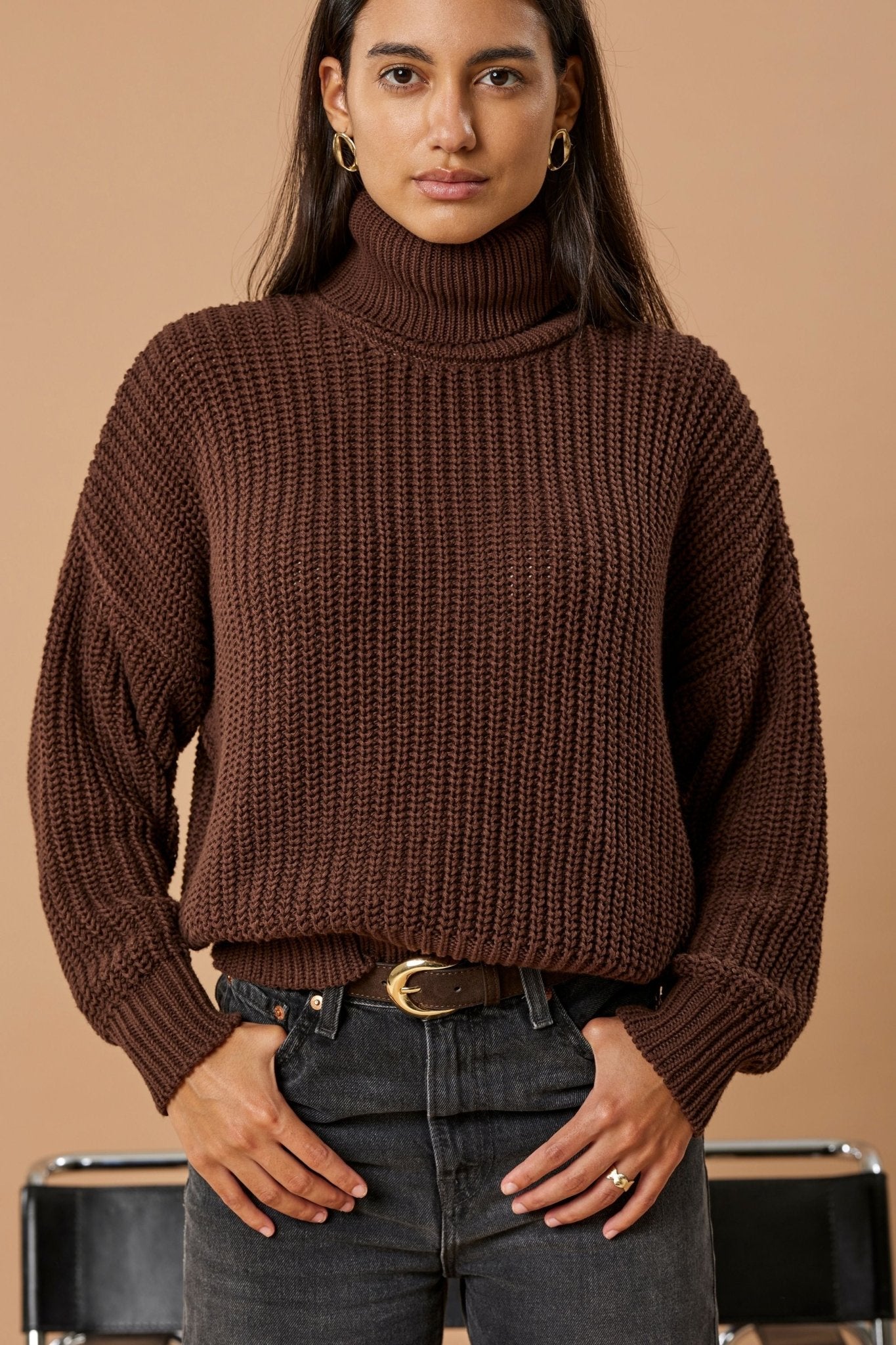 Turtleneck Knit Sweater Penelope Organic Cotton - Chocolate Brown