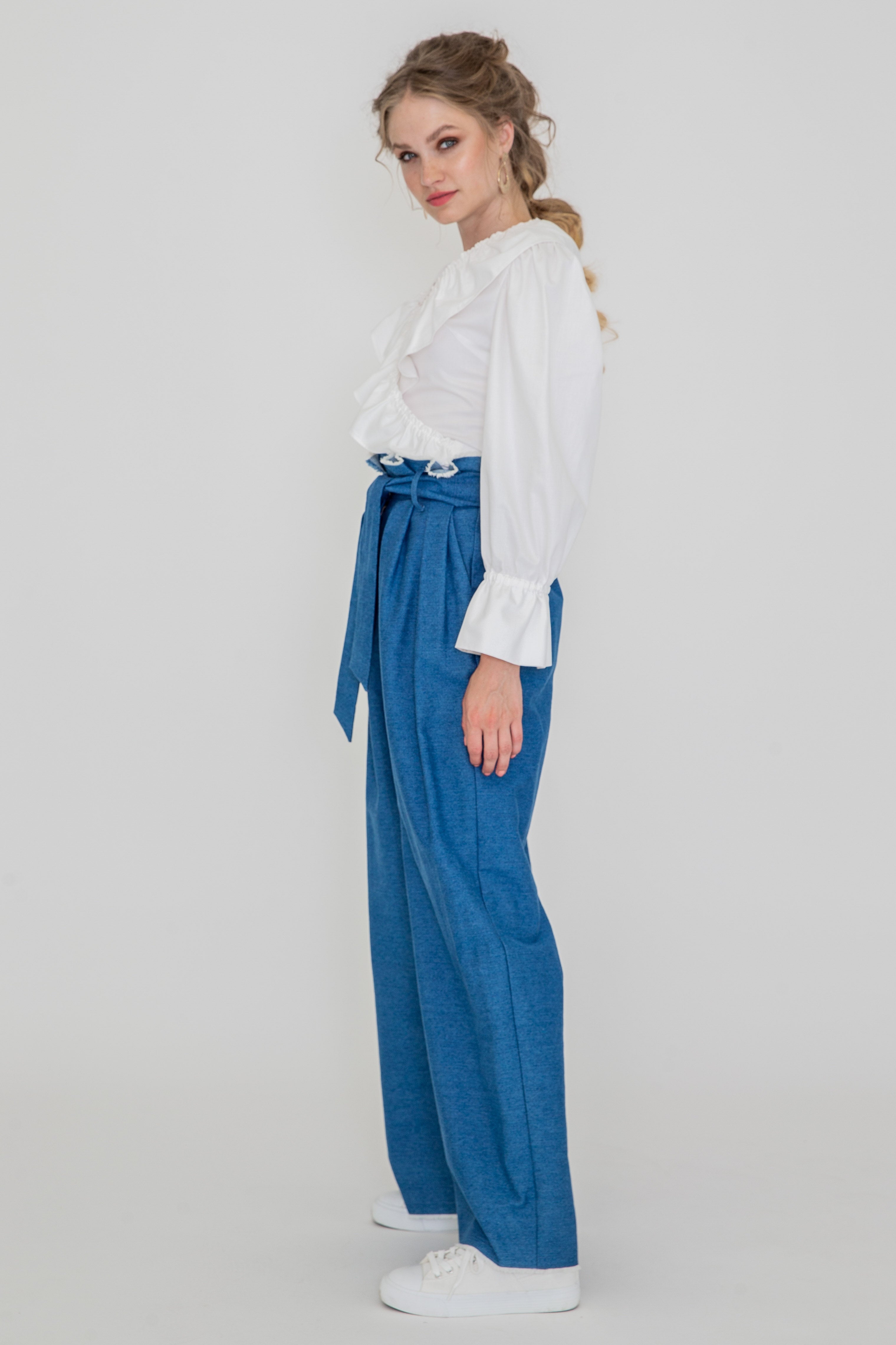 Blue paperbag trousers TINI made of 100% organic cotton by S AN IKAI Made-to-Order