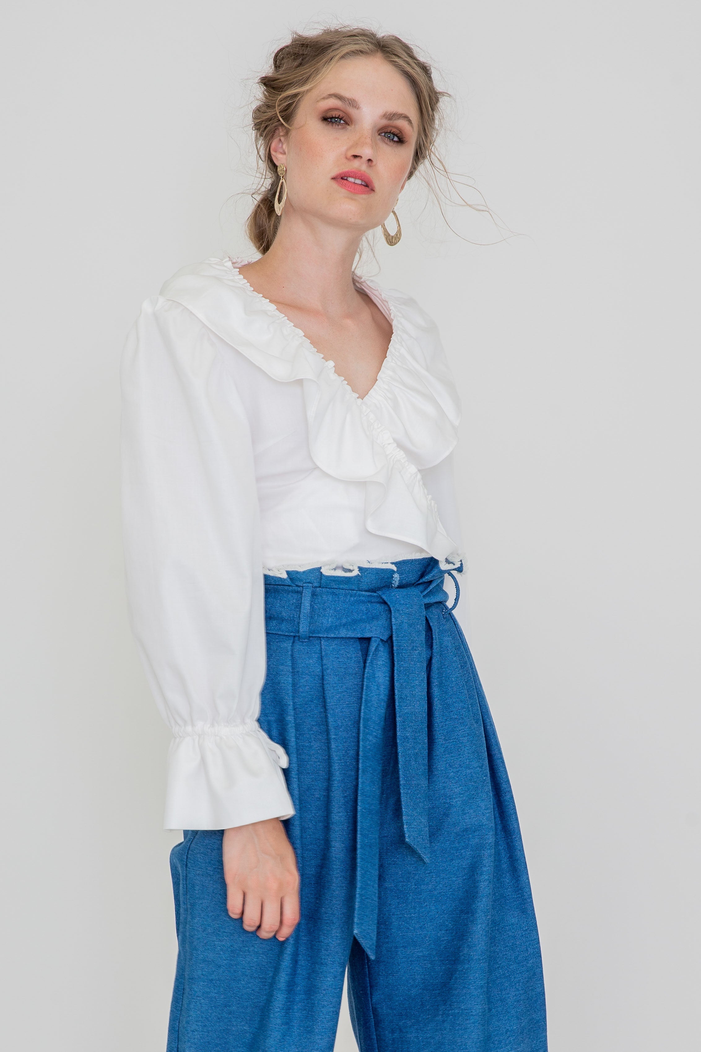 Blue paperbag trousers TINI made of 100% organic cotton by S AN IKAI Made-to-Order