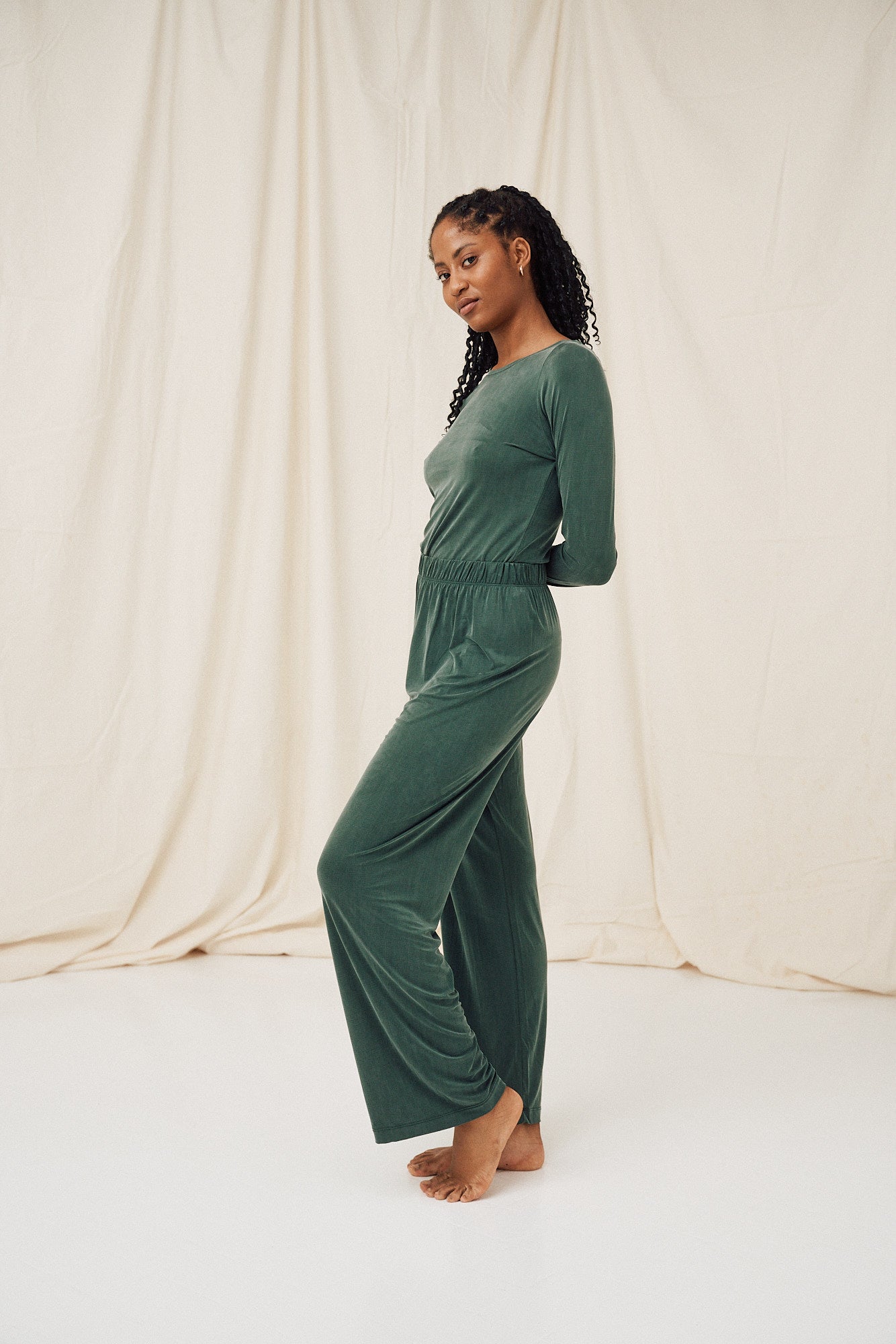 Green high waist pants made of cupro by MOYA KALA