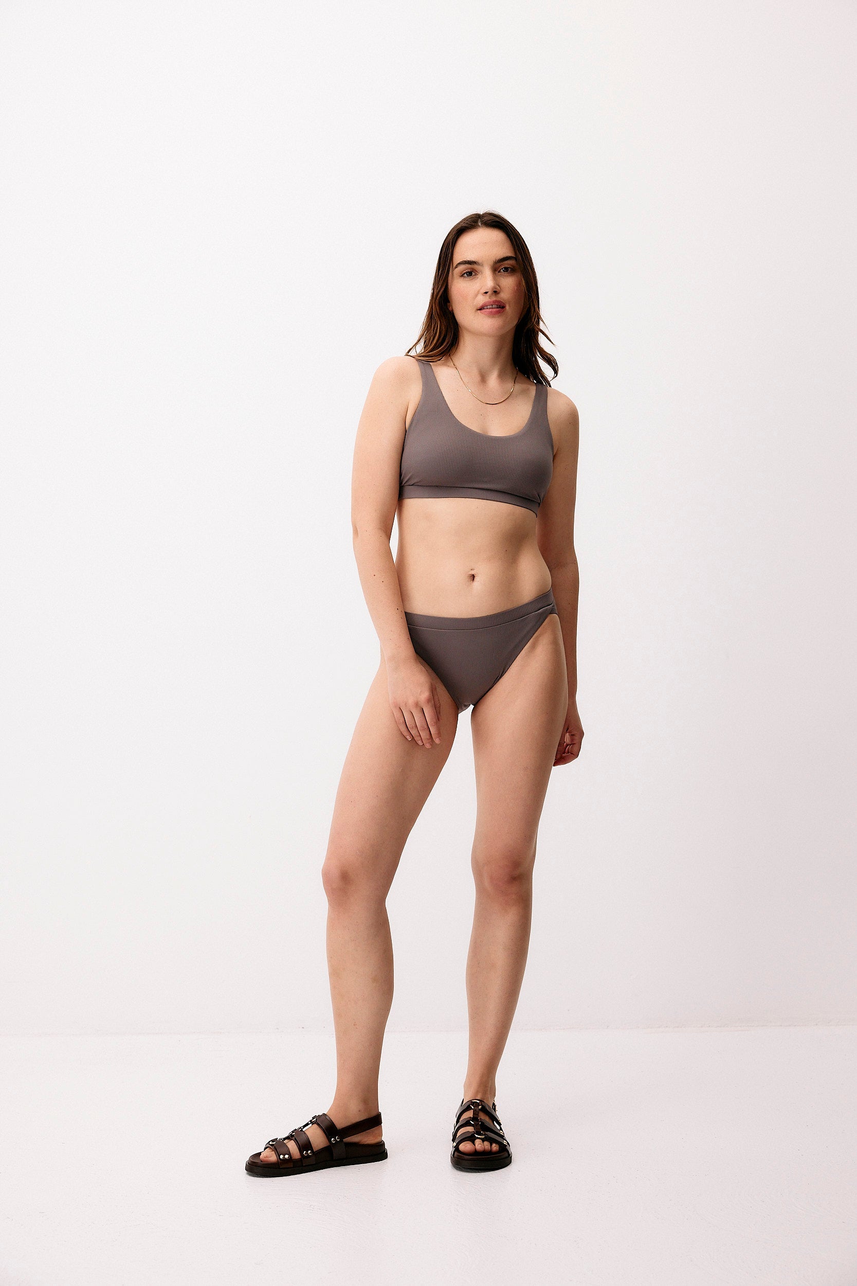 Grey hybrid bikini top made of recycled polyamide by Moya Kala