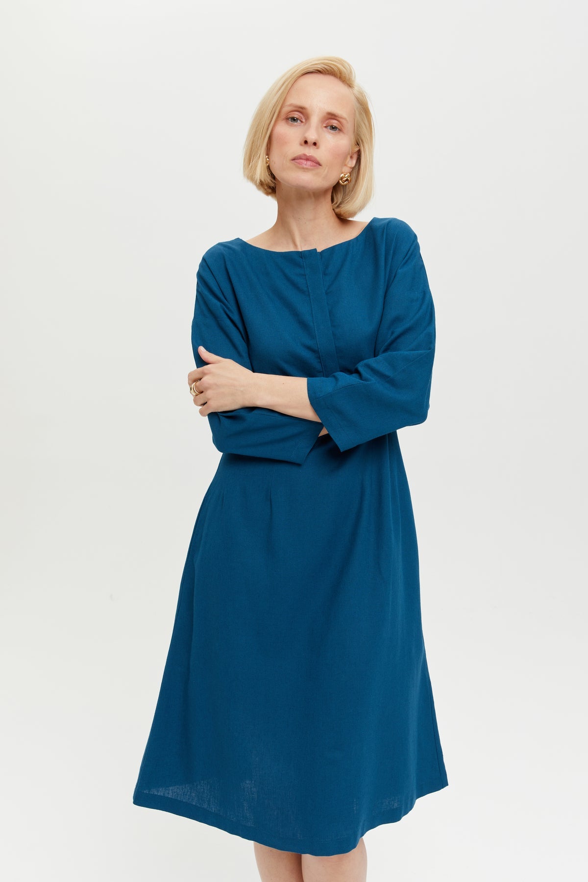 Lusin | Midi linen dress with button placket in petrol blue by Ayani