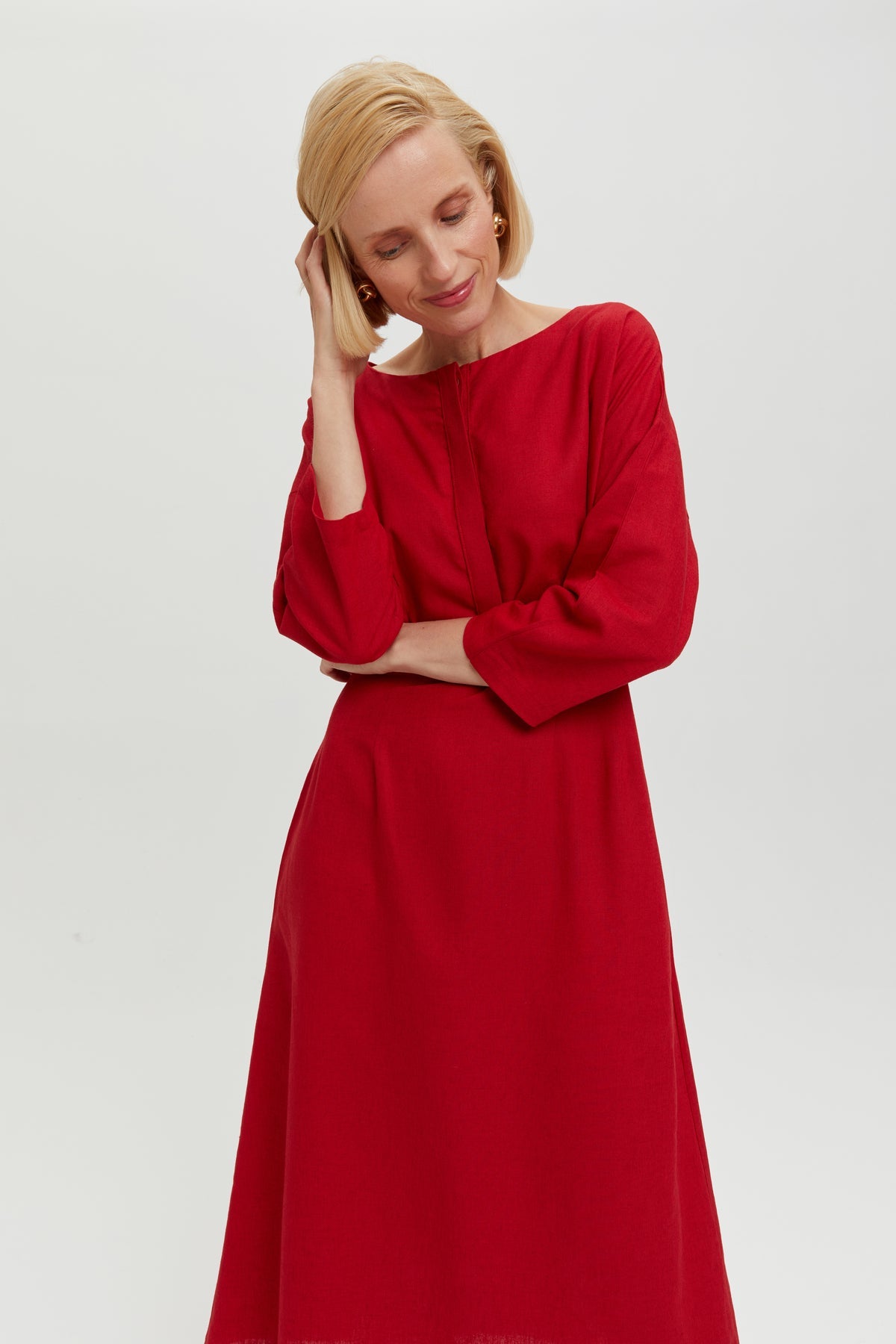 Lusin | Linen button front midi dress in red by Ayani