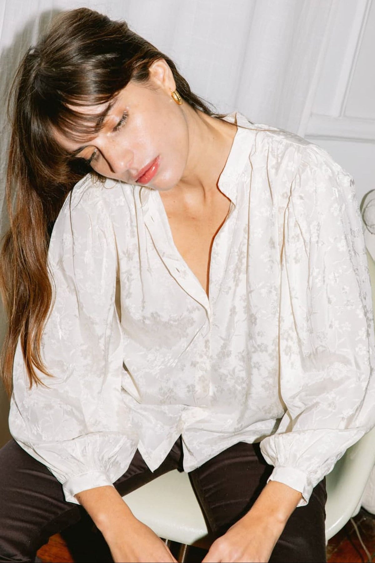 Blouse fluide en viscose jacquard écrue, éthique et fabriquée au Portugal