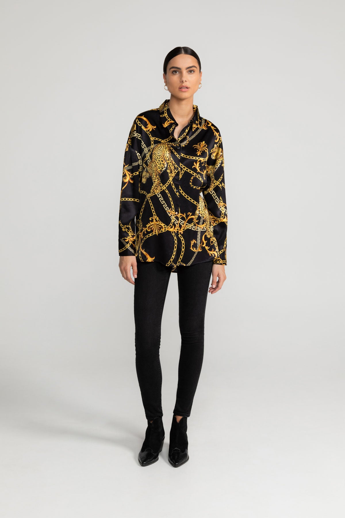 Alaiya blouse in black and gold pattern by LOVJOI made of ENKA™ viscose and Ecovero™
