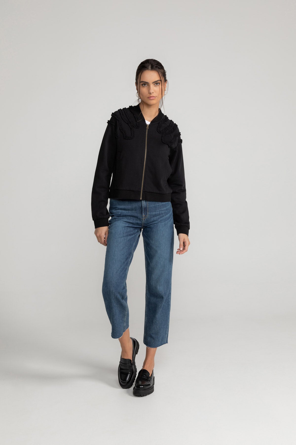 Endellion sweat bomber jacket in black from LOVJOI made of organic cotton
