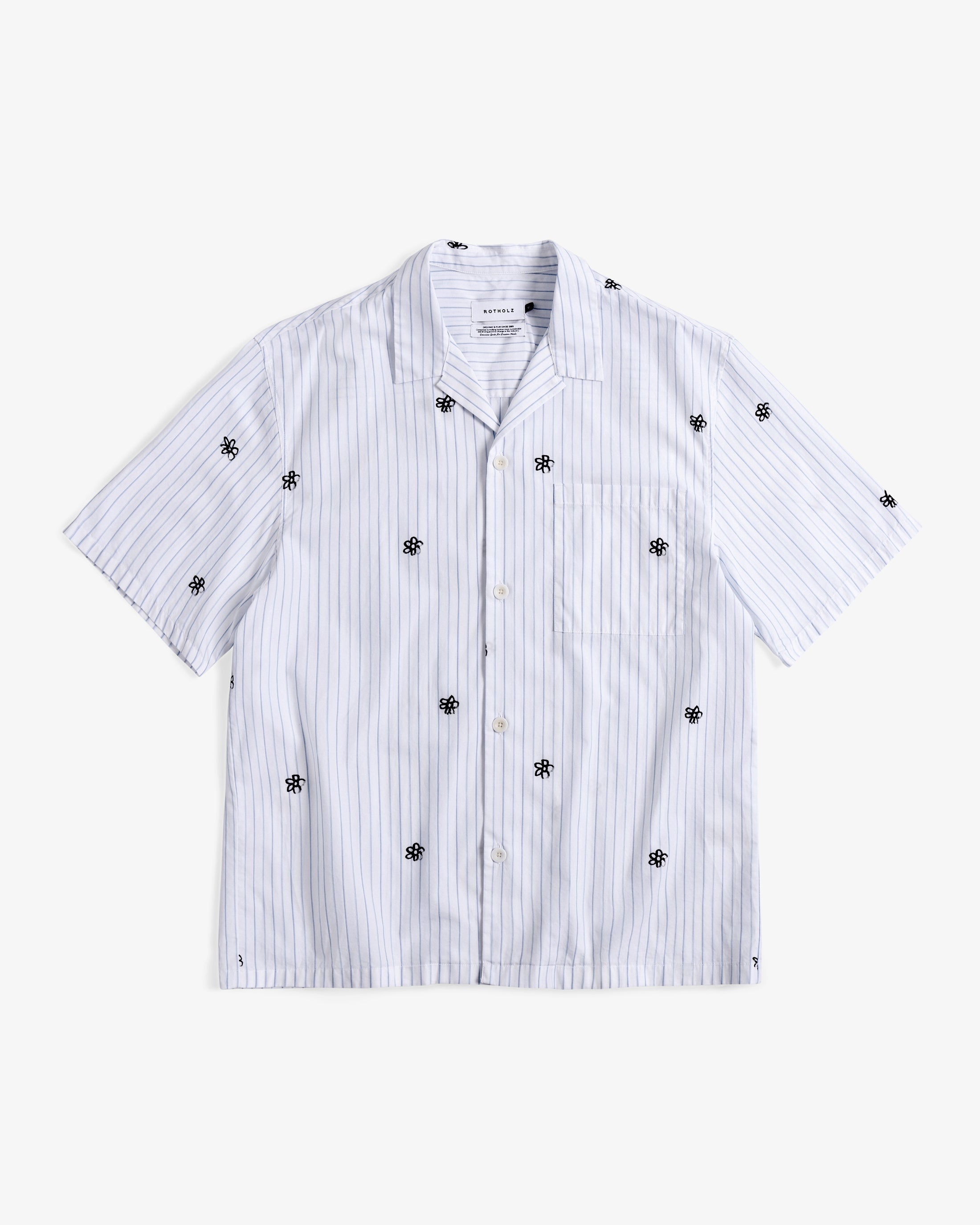 Rotholz Organic Cotton Striped Bowling Shirt with Flower Print
