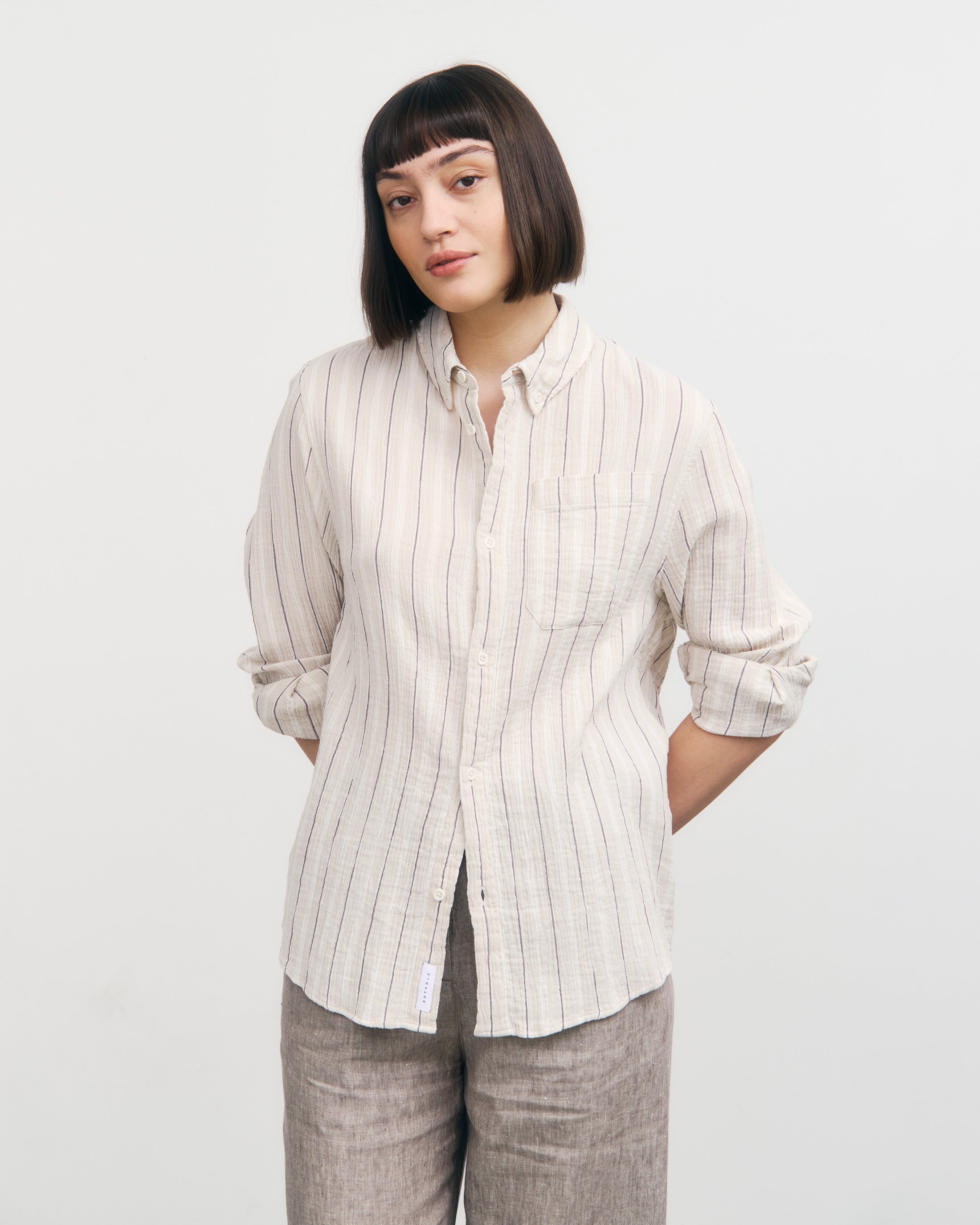 Chemise en mousseline de coton bio rayée beige Rotholz