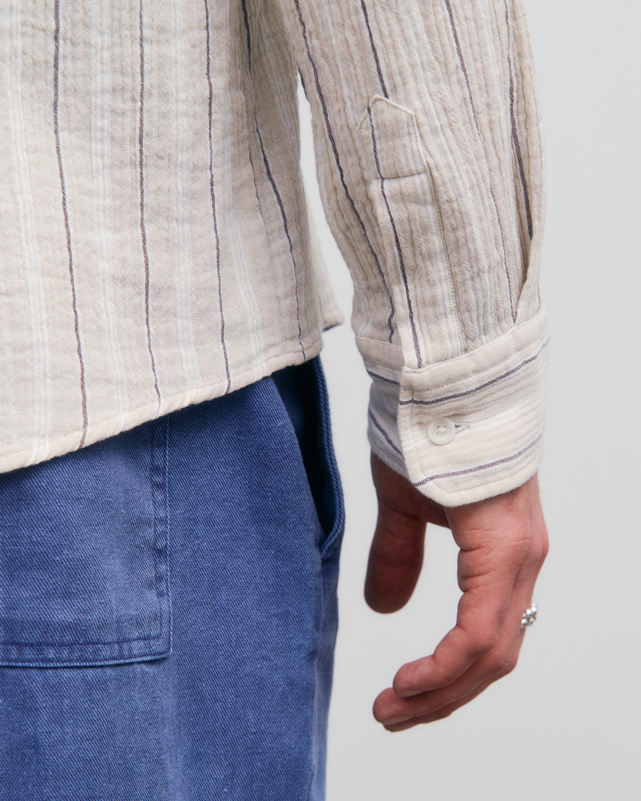 Beige striped organic cotton muslin shirt by Rotholz