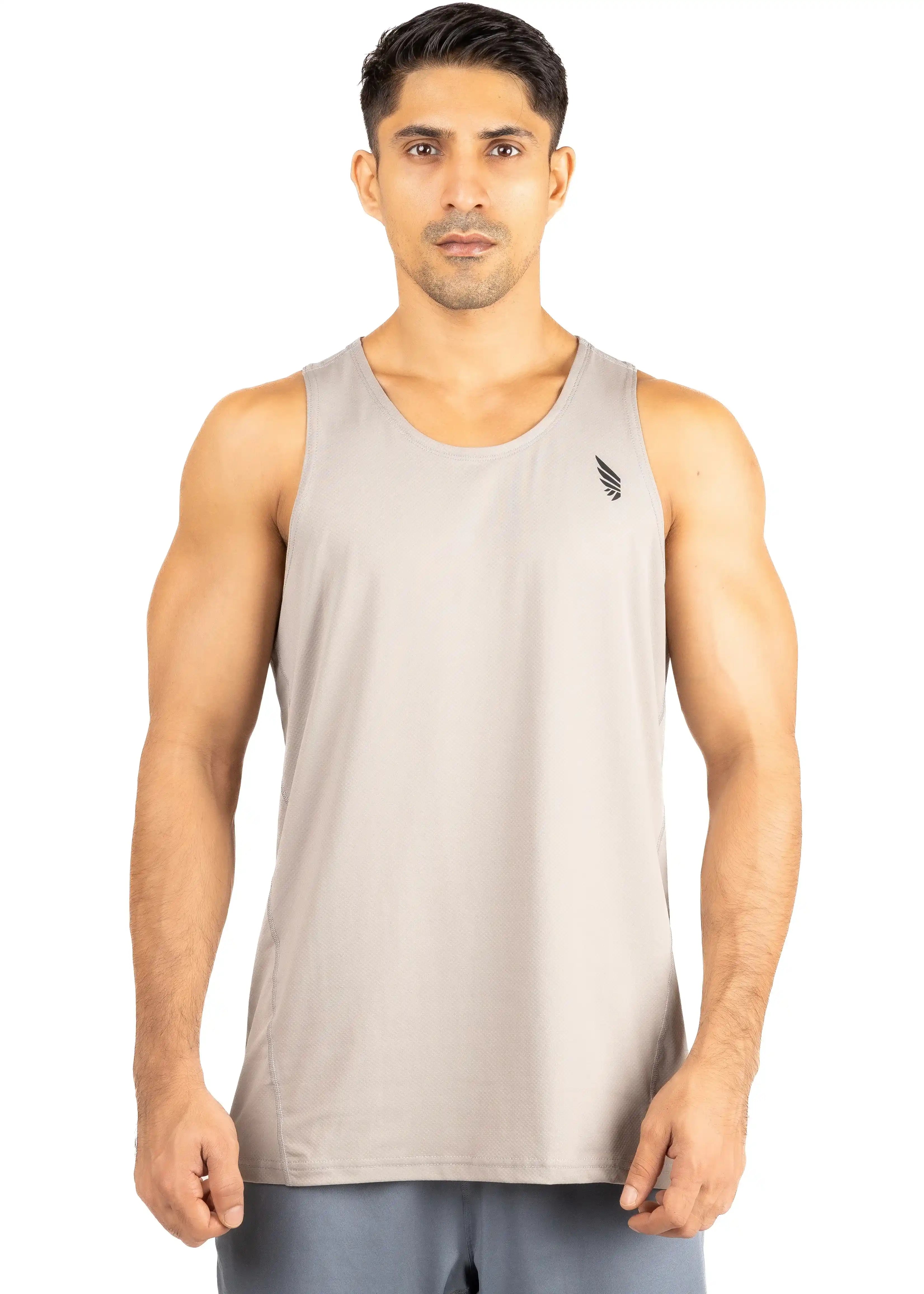 Grey Zeyla Performance tank top made from recycled polyester by Nivays