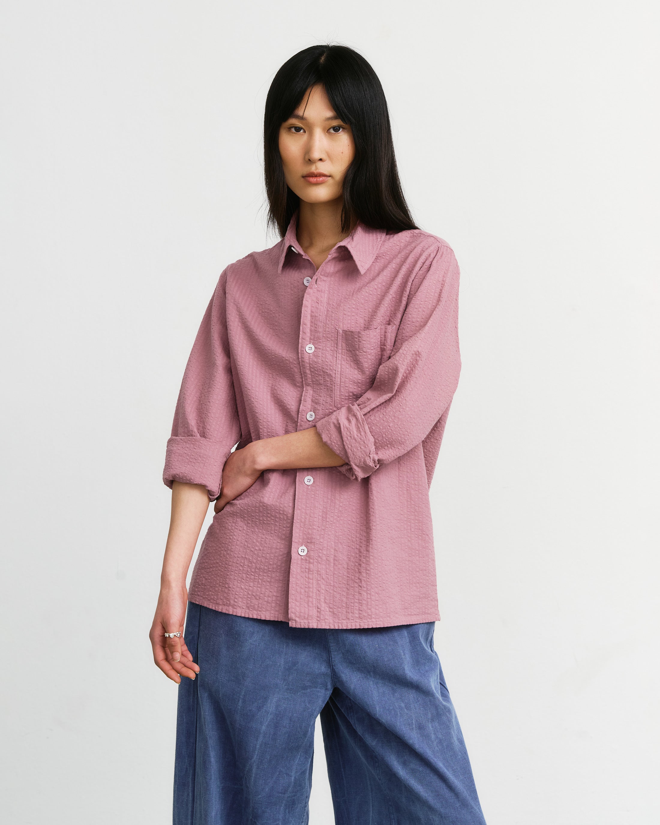 Pink organic seersucker cotton shirt by Rotholz