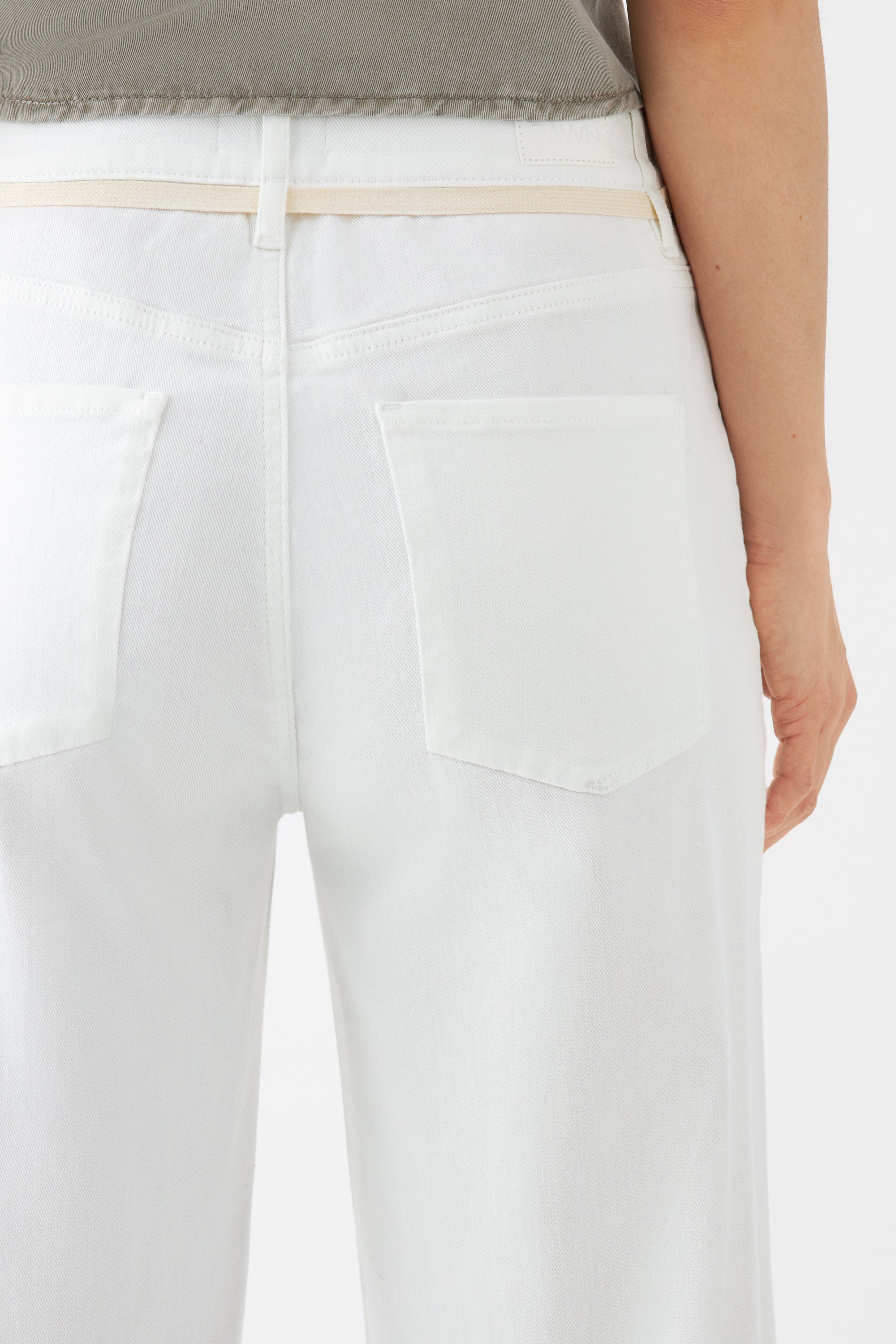 White DEW Flared French Pocket jeans made from organic cotton by Dawn Denim