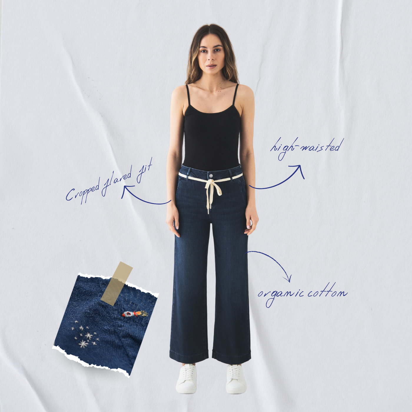 Dark blue DEW Flared Cropped Art on Broken Pieces jeans made from organic cotton by Dawn Denim