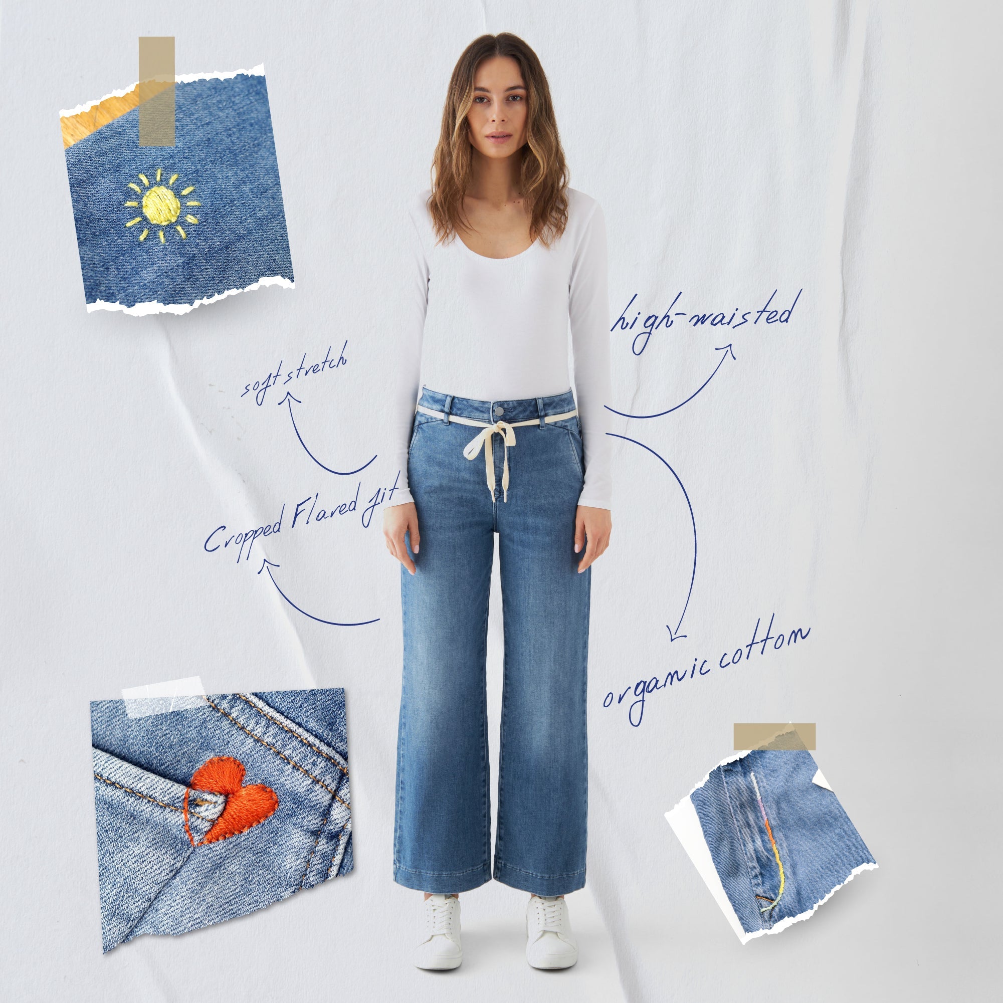Jean bleu DEW Flared Cropped Art on Broken Pieces en coton biologique par Dawn Denim 