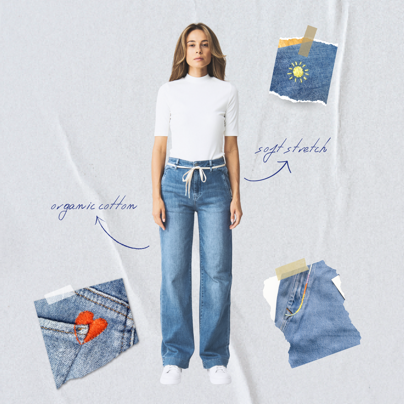 Blue jeans DEW Flared Art on Broken Pieces made of organic cotton by Dawn Denim 
