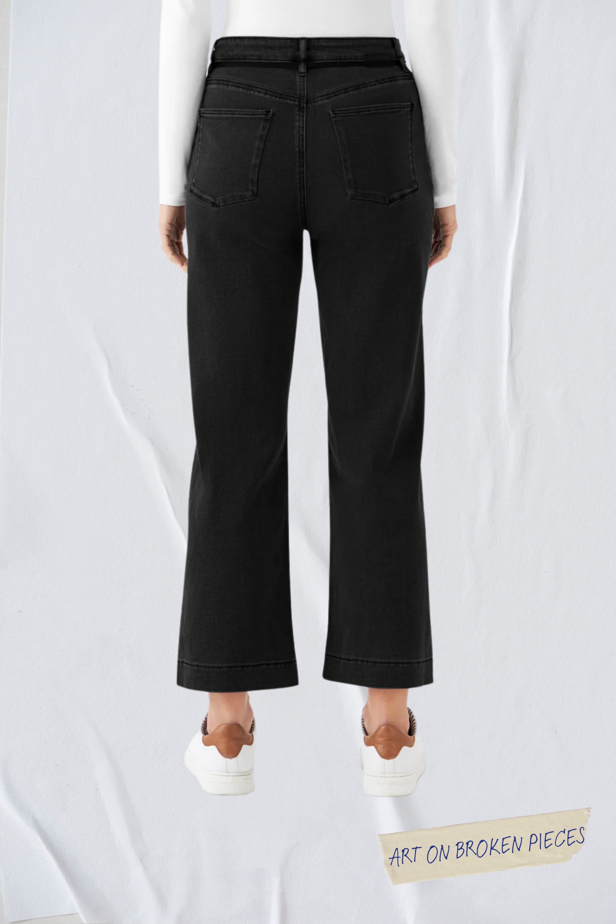 Black DEW Flared Cropped Jeans Art on Broken Pieces made from organic cotton by Dawn Denim 