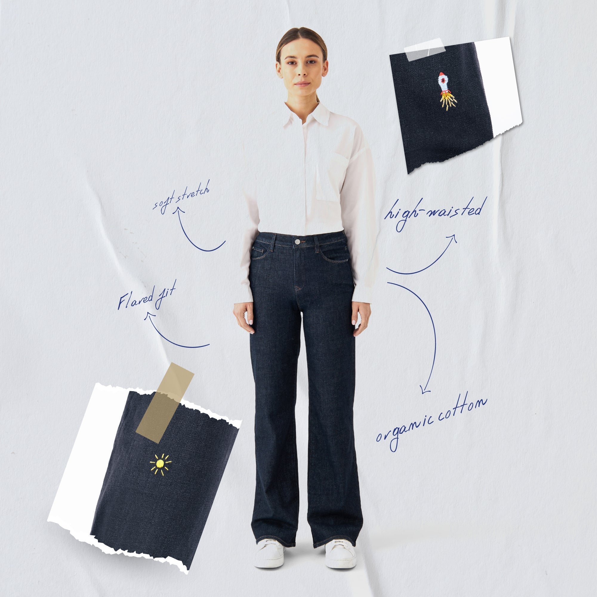 Dark blue DEW Flared jeans made from organic cotton by Dawn Denim
