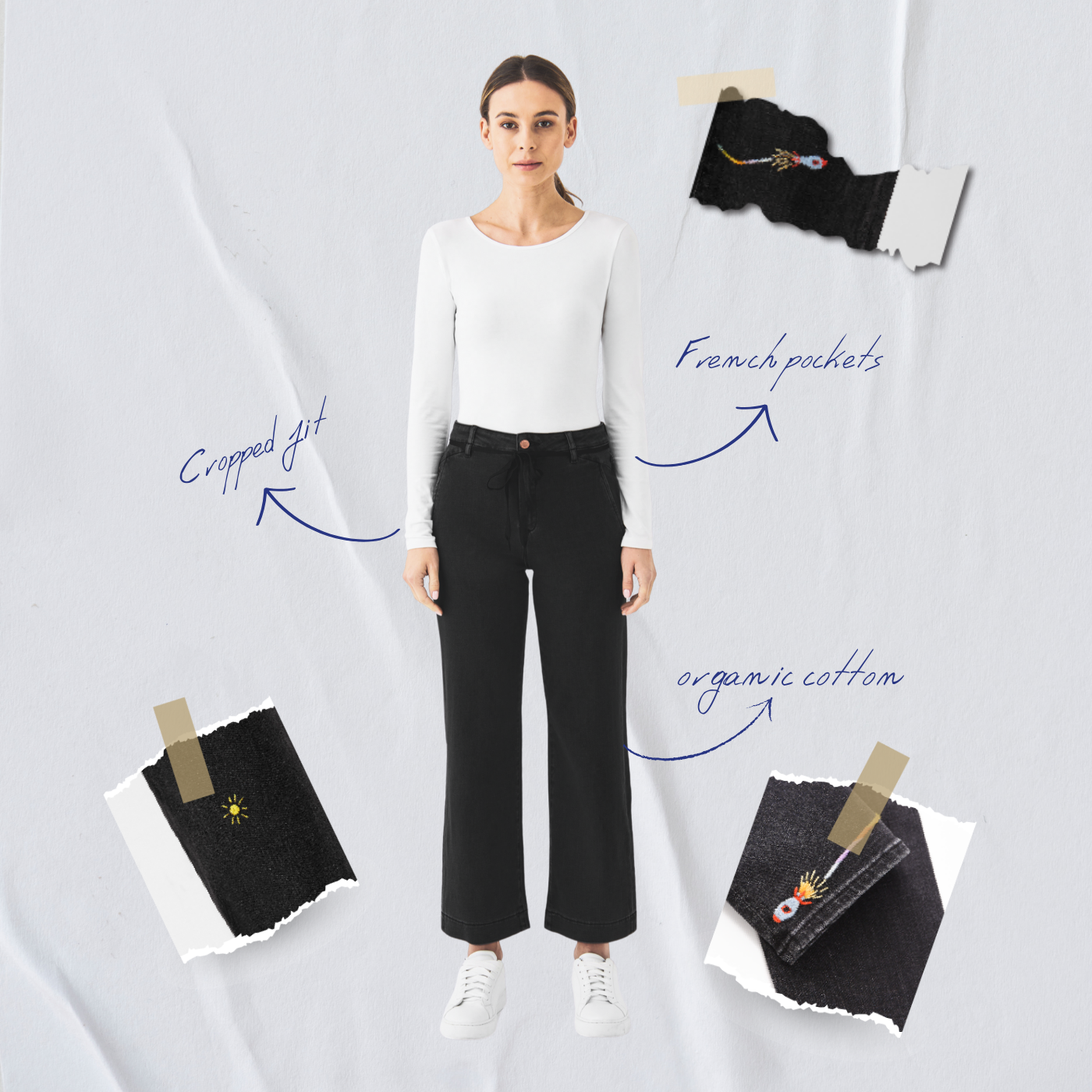 Black DEW Flared Cropped Jeans Art on Broken Pieces made from organic cotton by Dawn Denim 