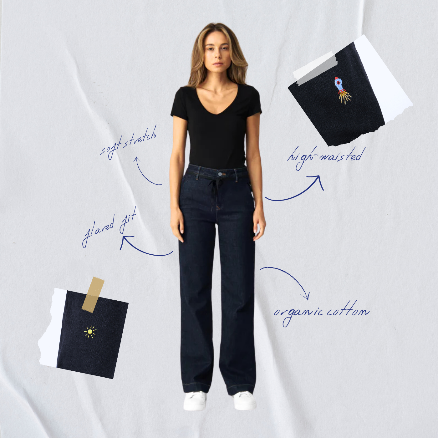 Dark blue jeans DEW Flared Art on Broken Pieces made of organic cotton by Dawn Denim