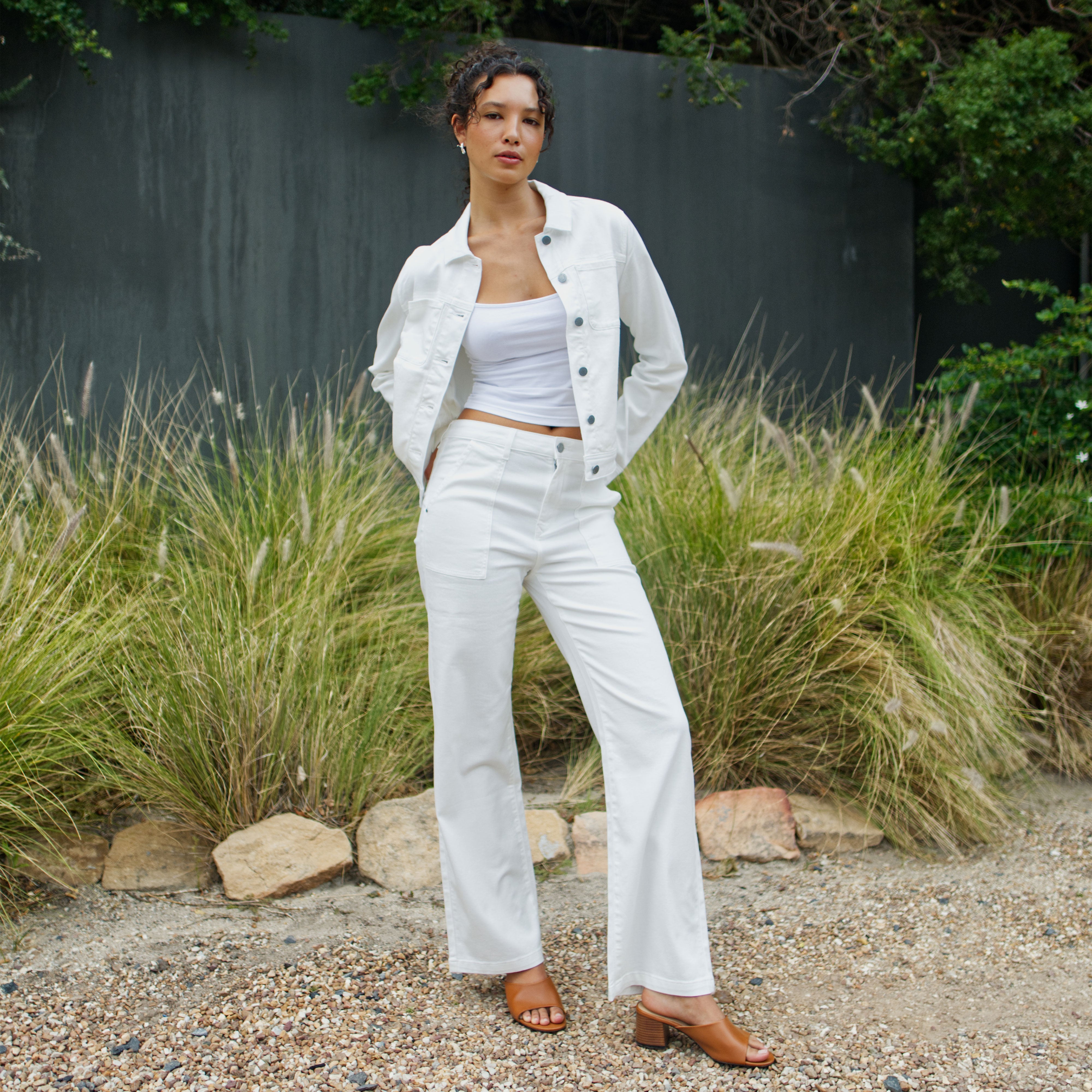 White DEW Flared jeans made from organic cotton by Dawn Denim