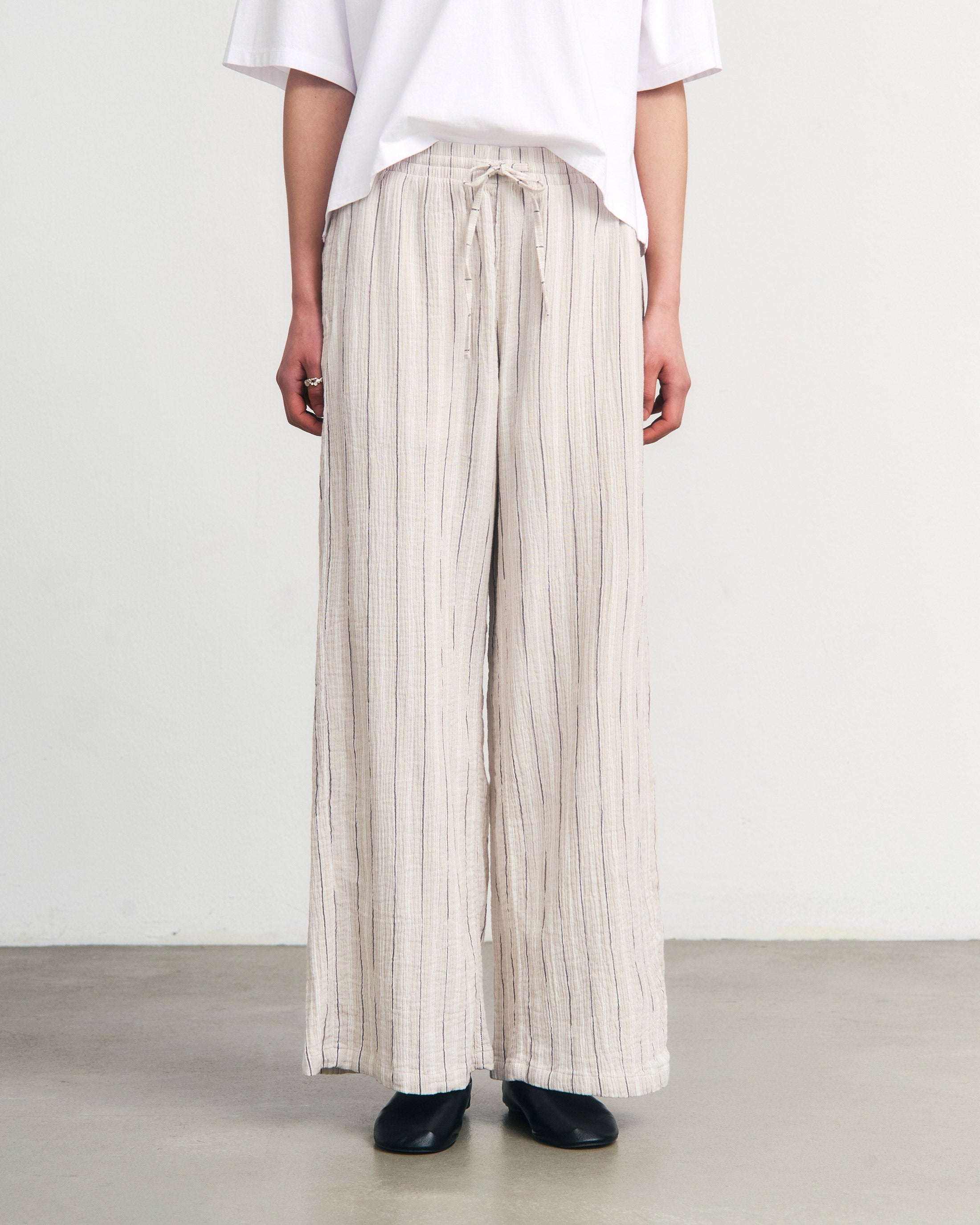 Rotholz Beige Striped Flared Trousers in Organic Cotton