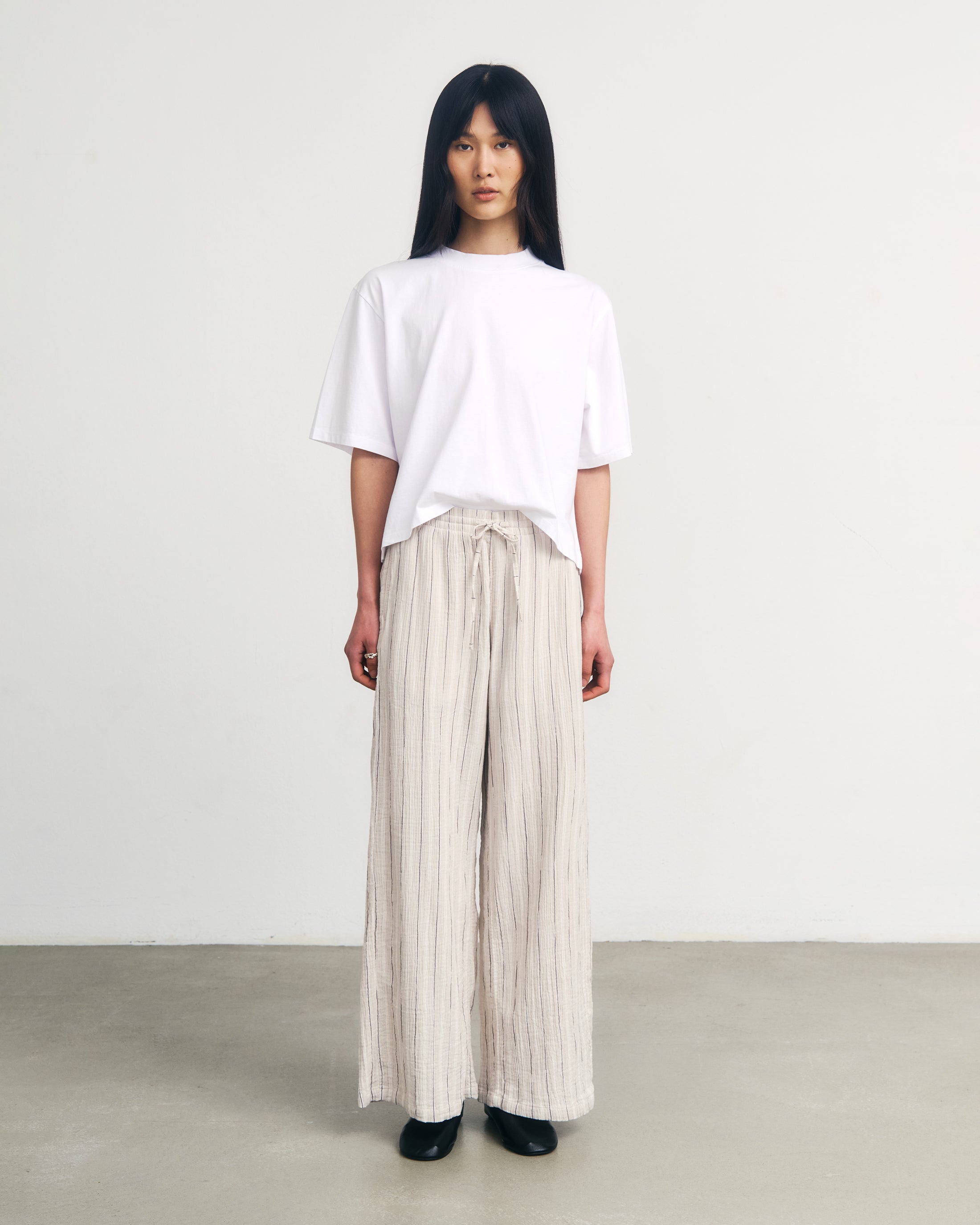 Rotholz Beige Striped Flared Trousers in Organic Cotton