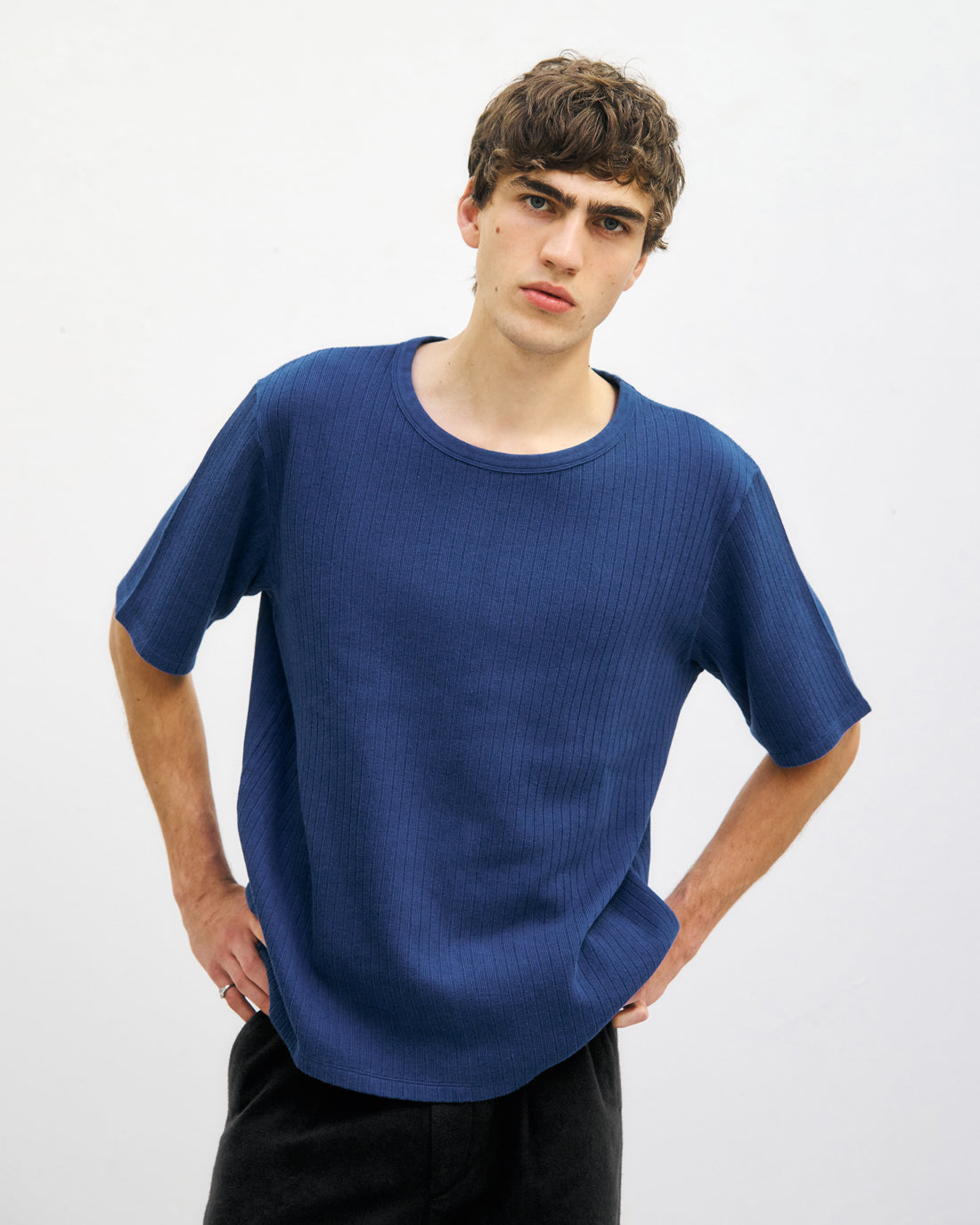Blaues Schweres Geripptes T-Shirt aus 100% Bio-Baumwolle von Rotholz
