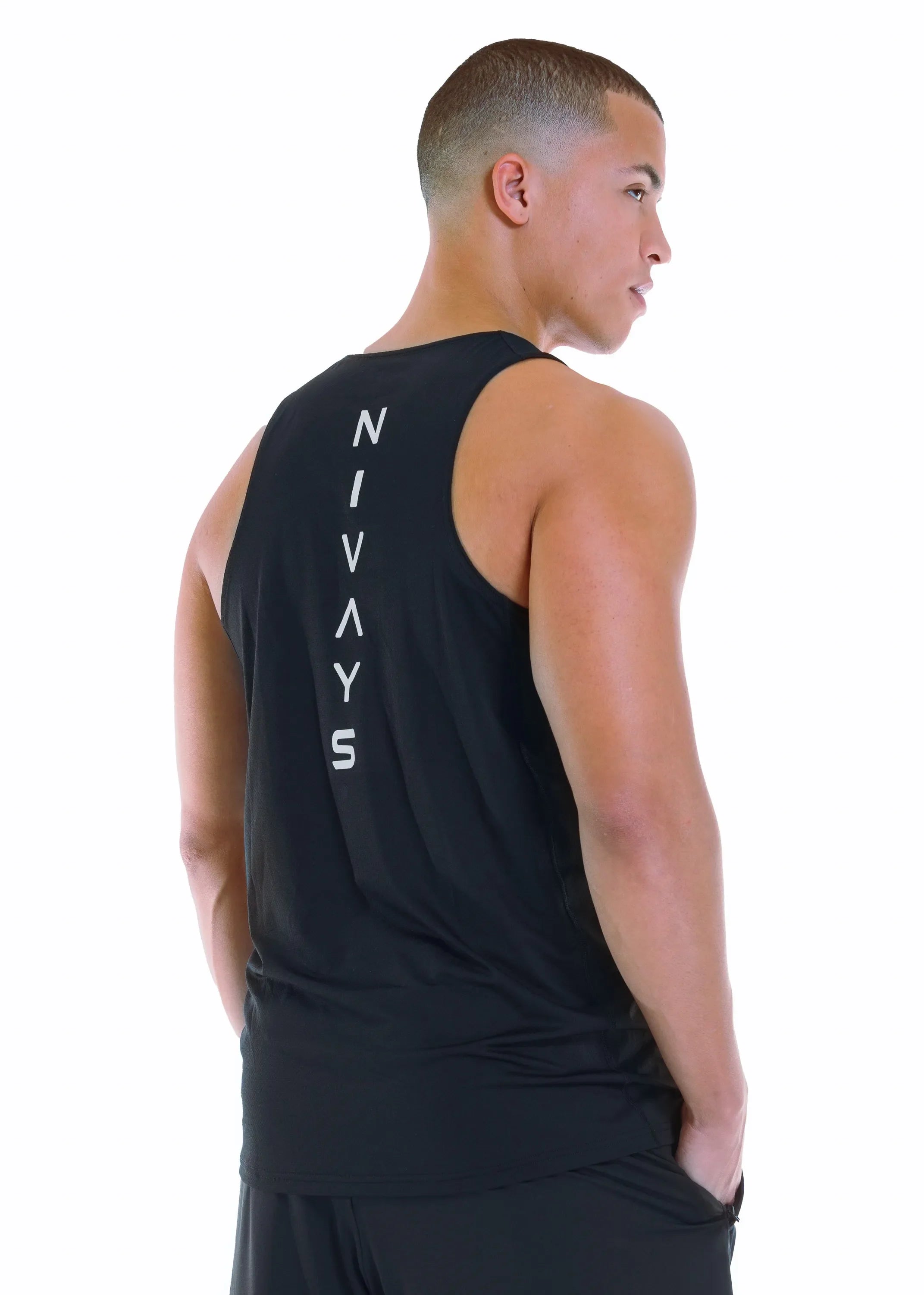 Nivays Zeyla Performance Black Tank Top in recycled polyester