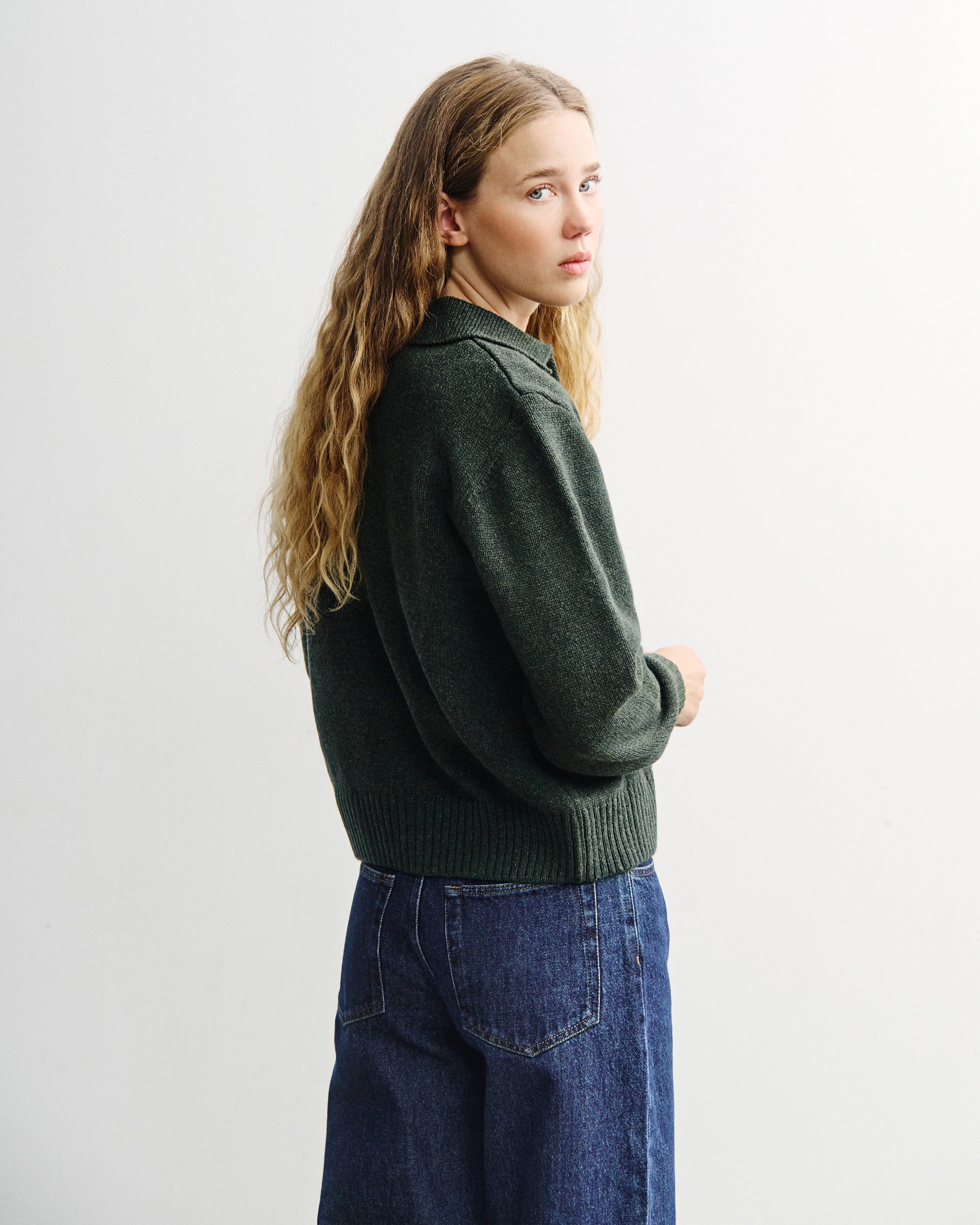 Grün Melierte Strickjacke Polo aus recycelter Wolle von Rotholz