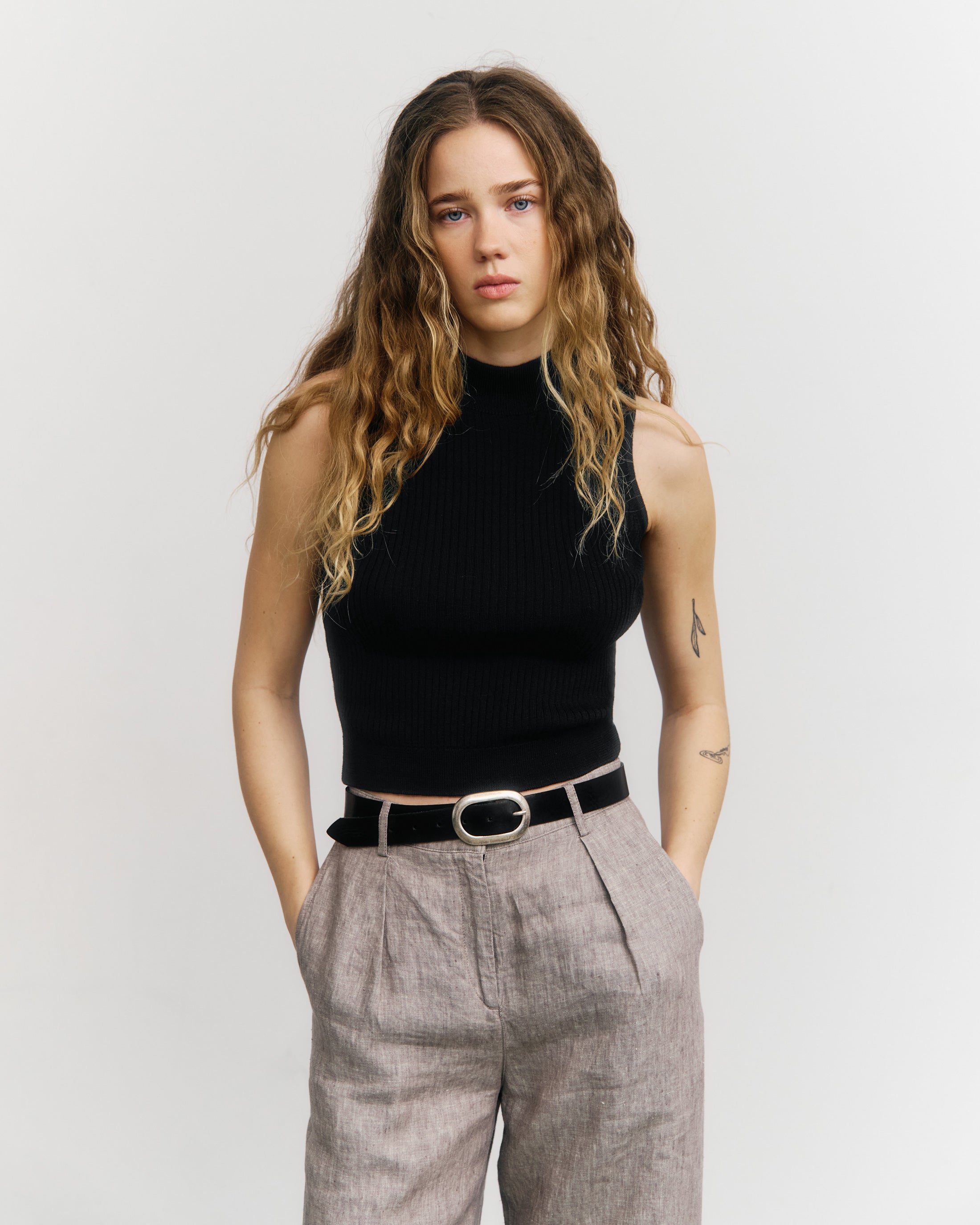 Black Knitted Singlet Top Made of 100% Merino Wool by Rotholz