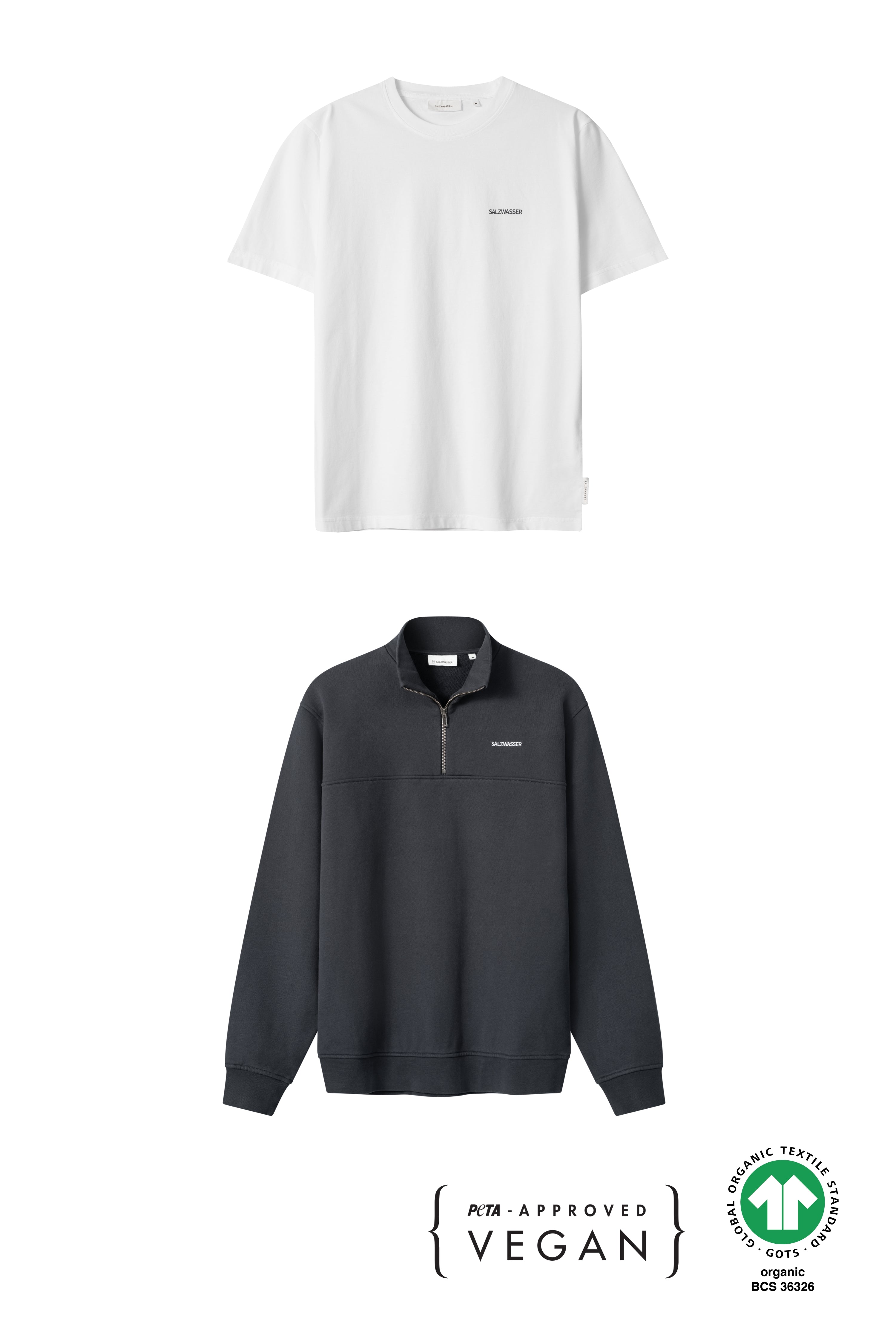 Graublauer Half-Zip Sweater Knut & Weisses T-Shirt Jonte aus 100% Bio-Baumwolle von Salzwasser