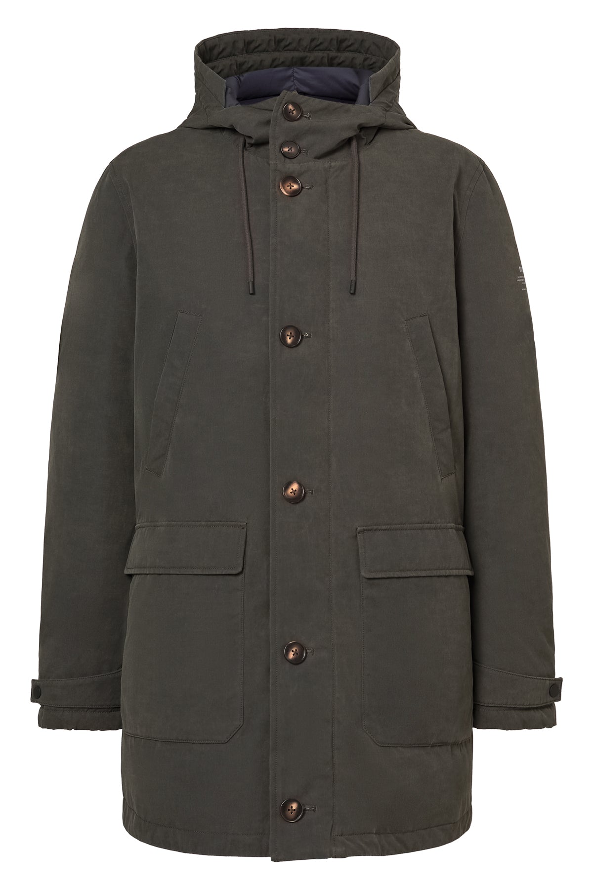 Lange Jacke mit Kapuze aus Bio Baumwolle und recyletem Polyester (PET Flaschen) von ECOALF in oliv