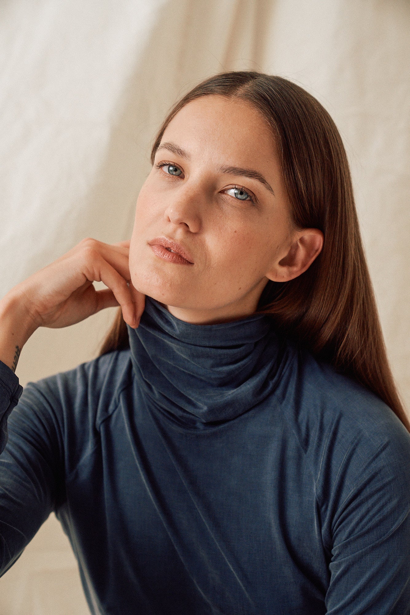 Dark blue cupro turtleneck sweater made of cupro by MOYA KALA