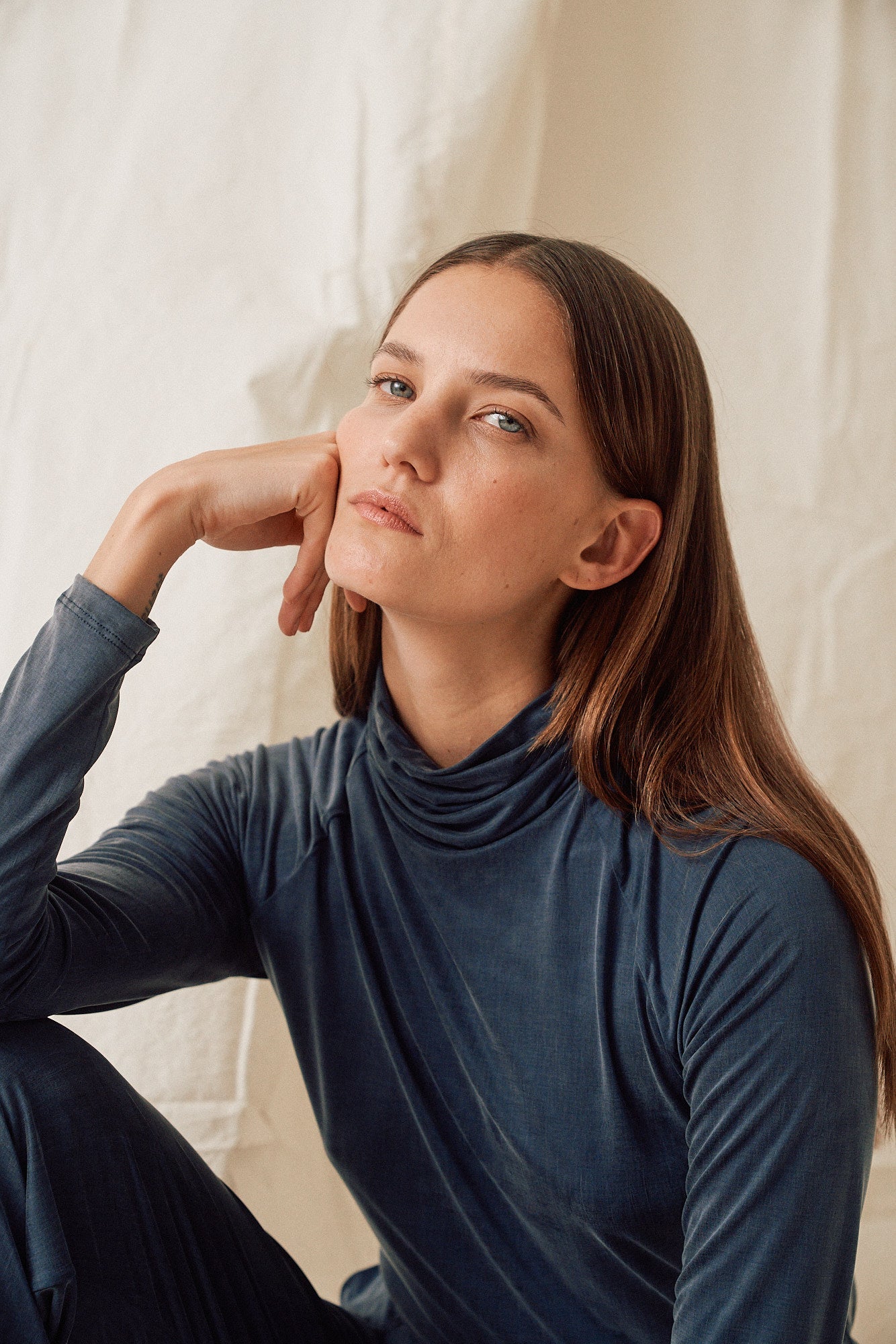 Dark blue cupro turtleneck sweater made of cupro by MOYA KALA
