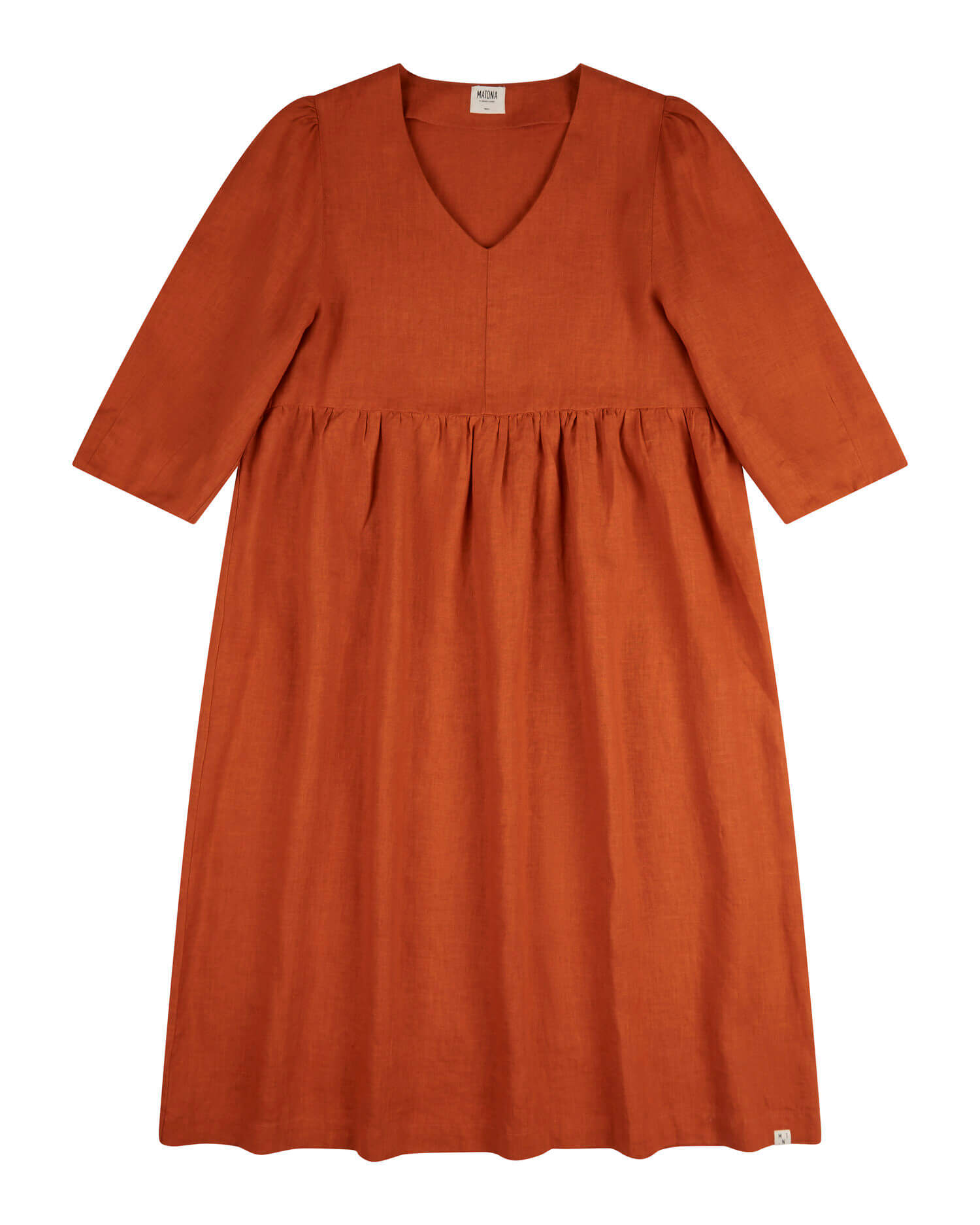 Red V-neck linen dress by Matona