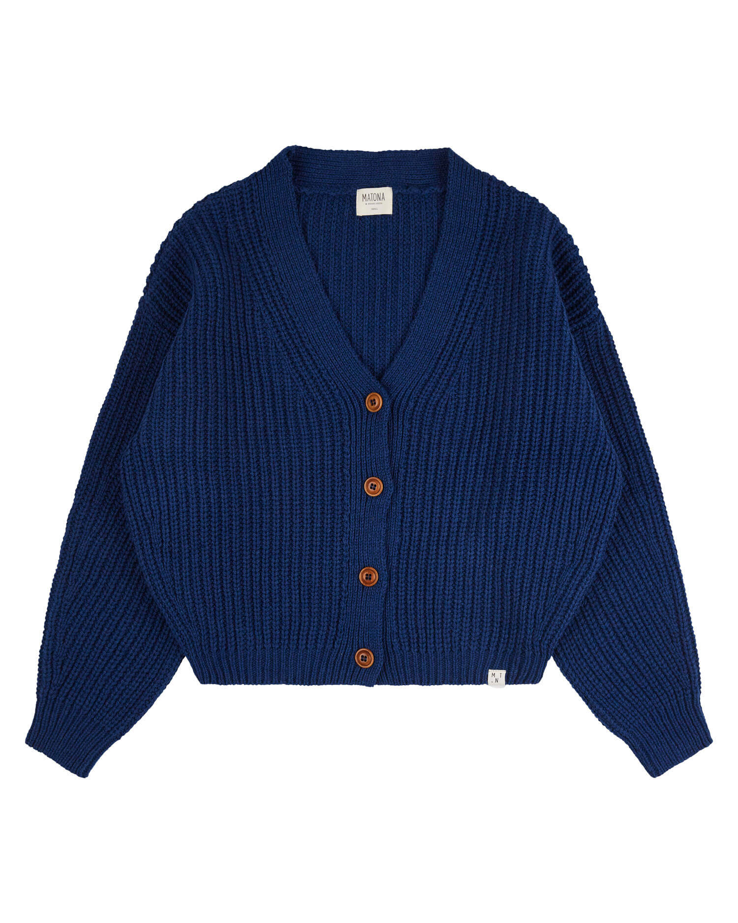 Cardigan bleu foncé en coton biologique et laine mérinos de Matona