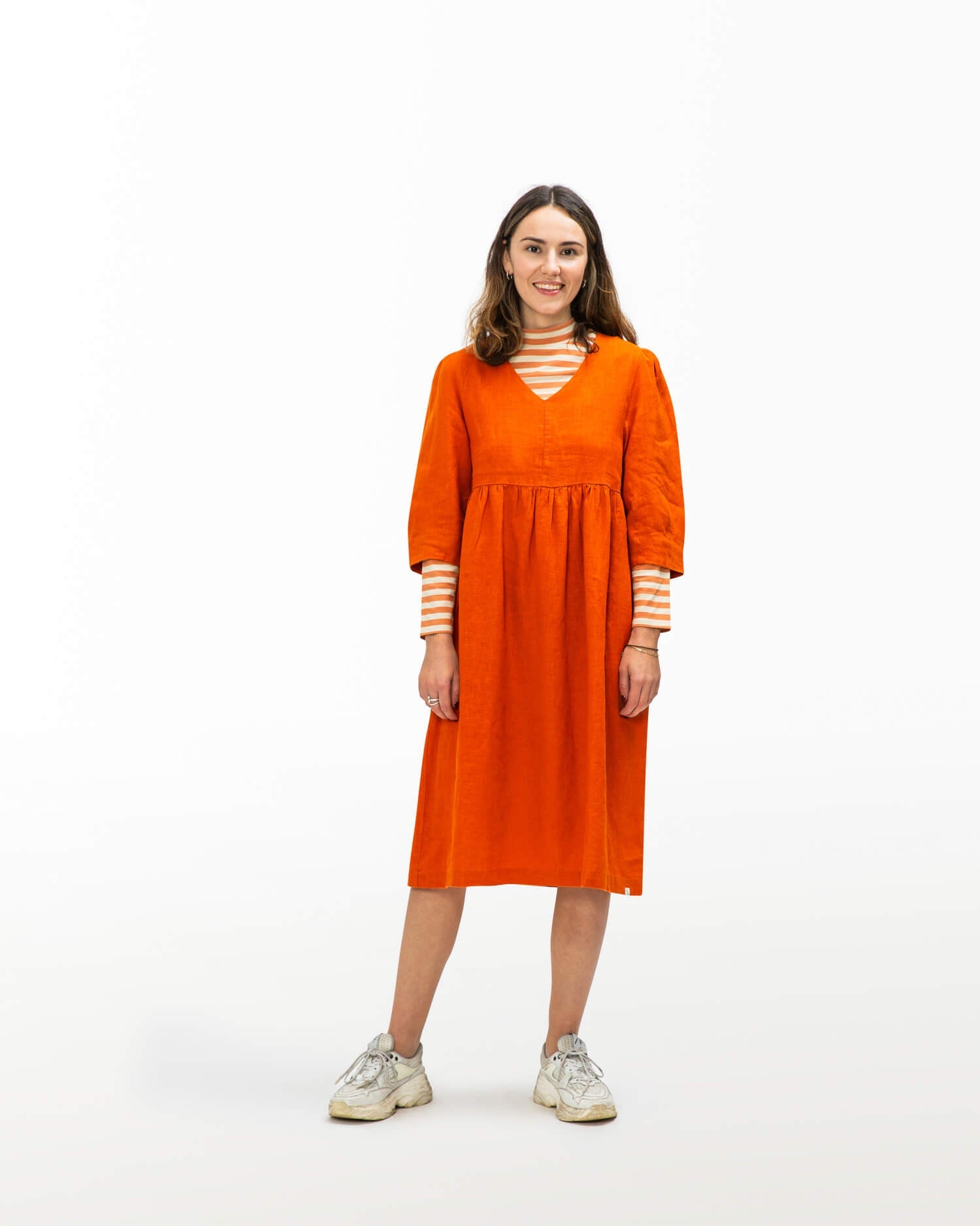 Red V-neck linen dress by Matona