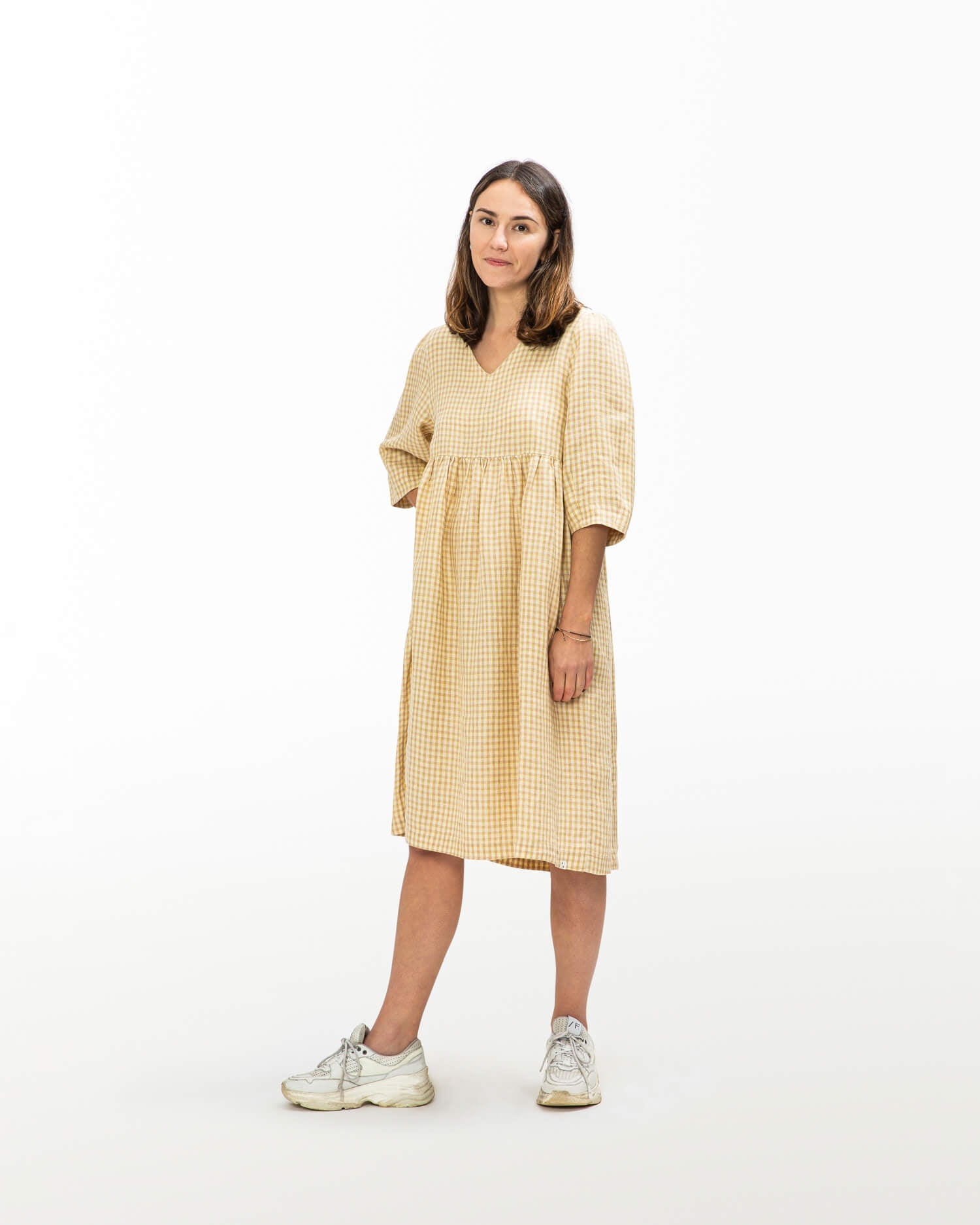 Yellow linen V-neck dress by Matona