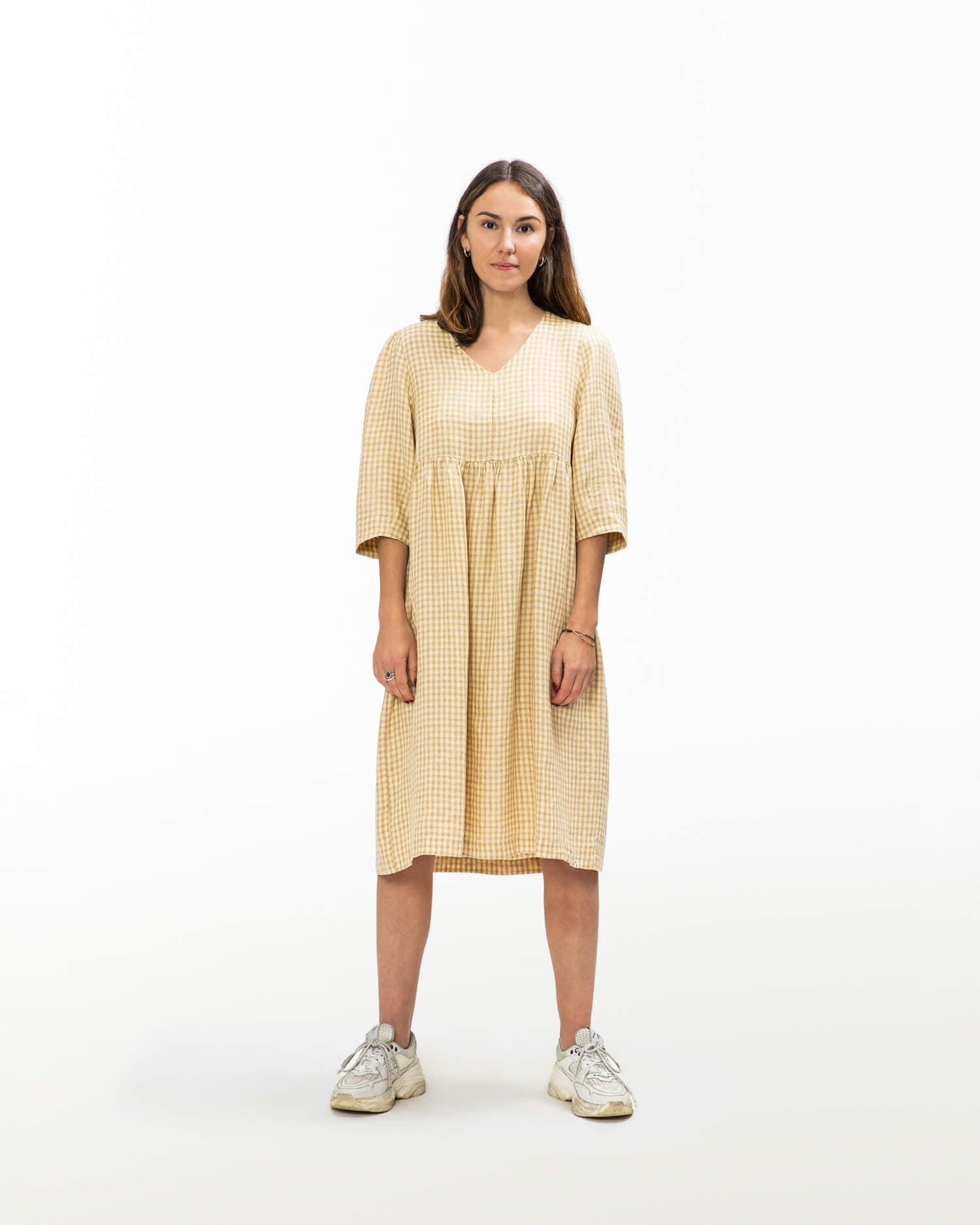 Yellow linen V-neck dress by Matona