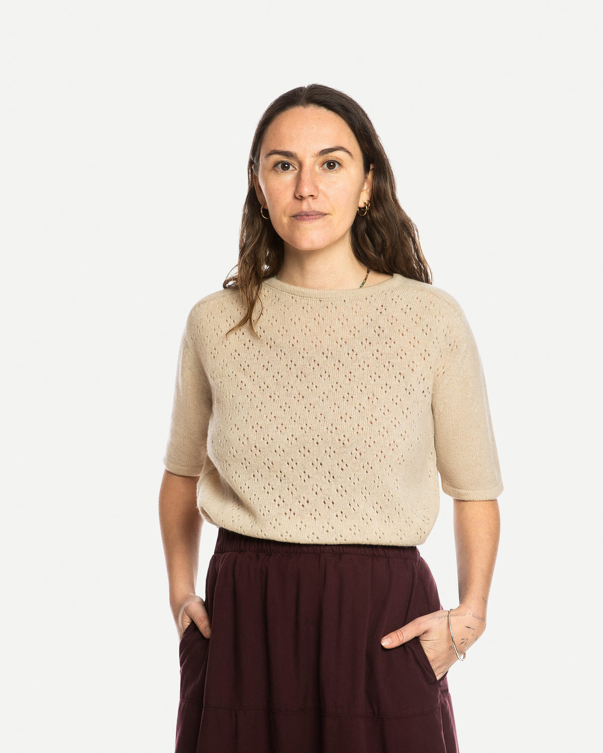 Beiges T-Shirt Pointelle aus 100% Bio-Merinowolle von Matona
