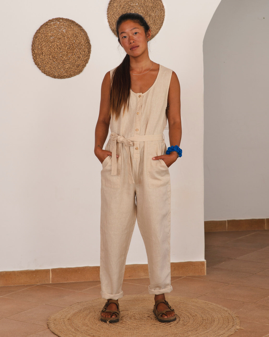 Beige almond overalls made of linen by Matona