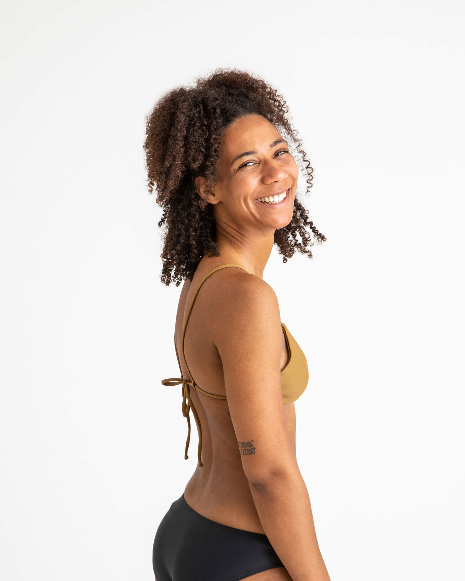 Brown triangle bikini top made from recycled polyamide from Matona