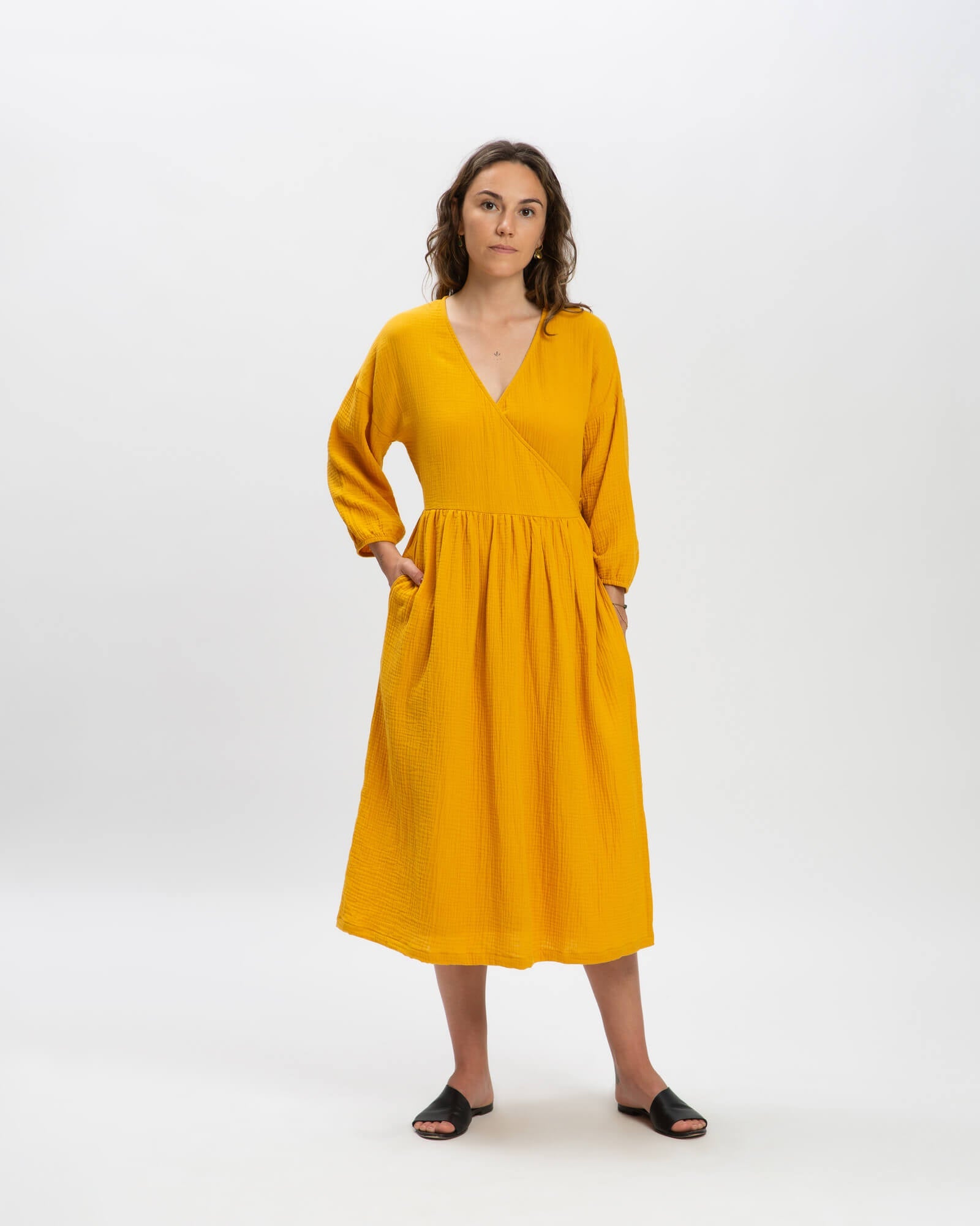 Yellow Marigold dress made of 100% organic cotton muslin by Matona