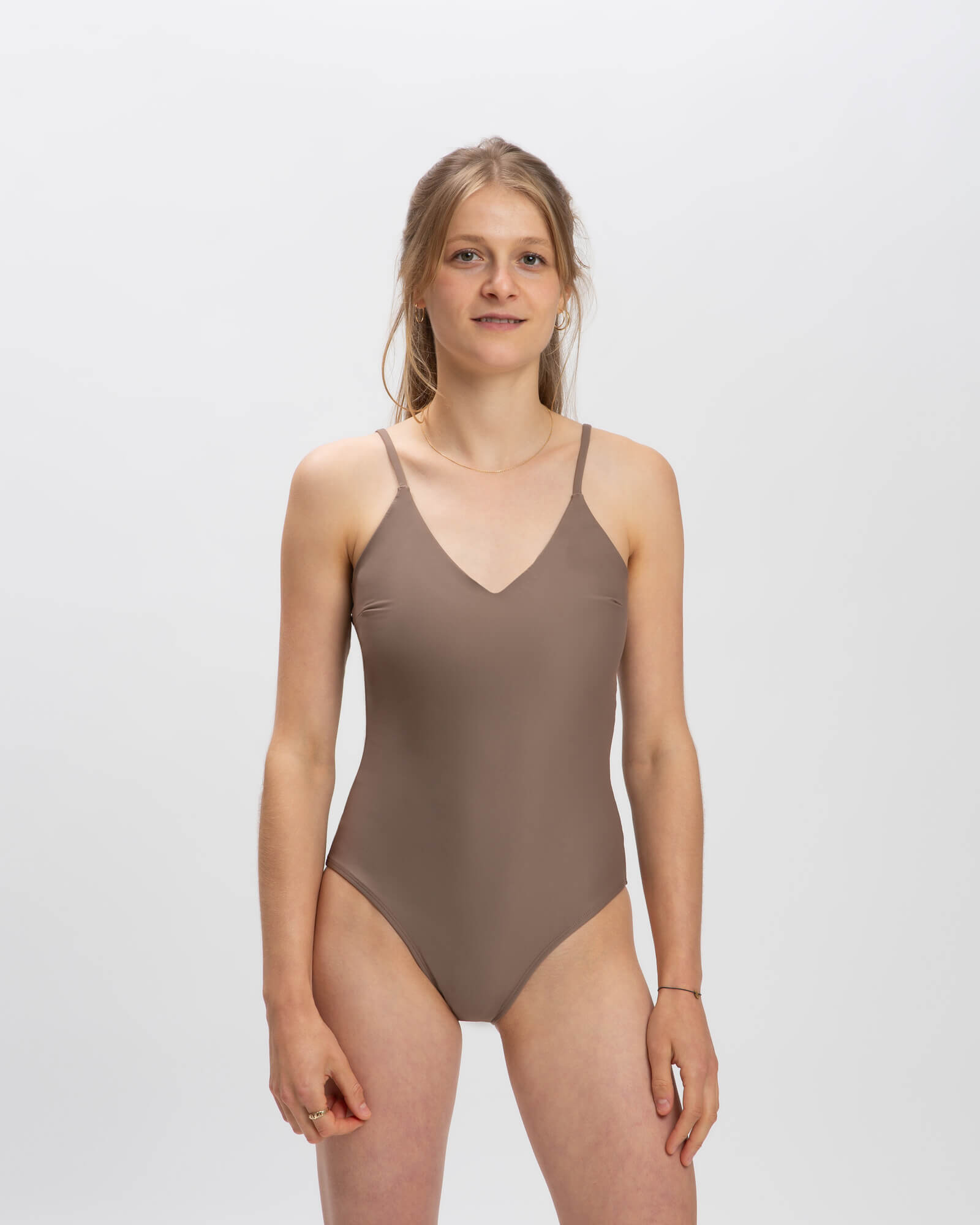 Brown nylon V-neck swimsuit by Matona