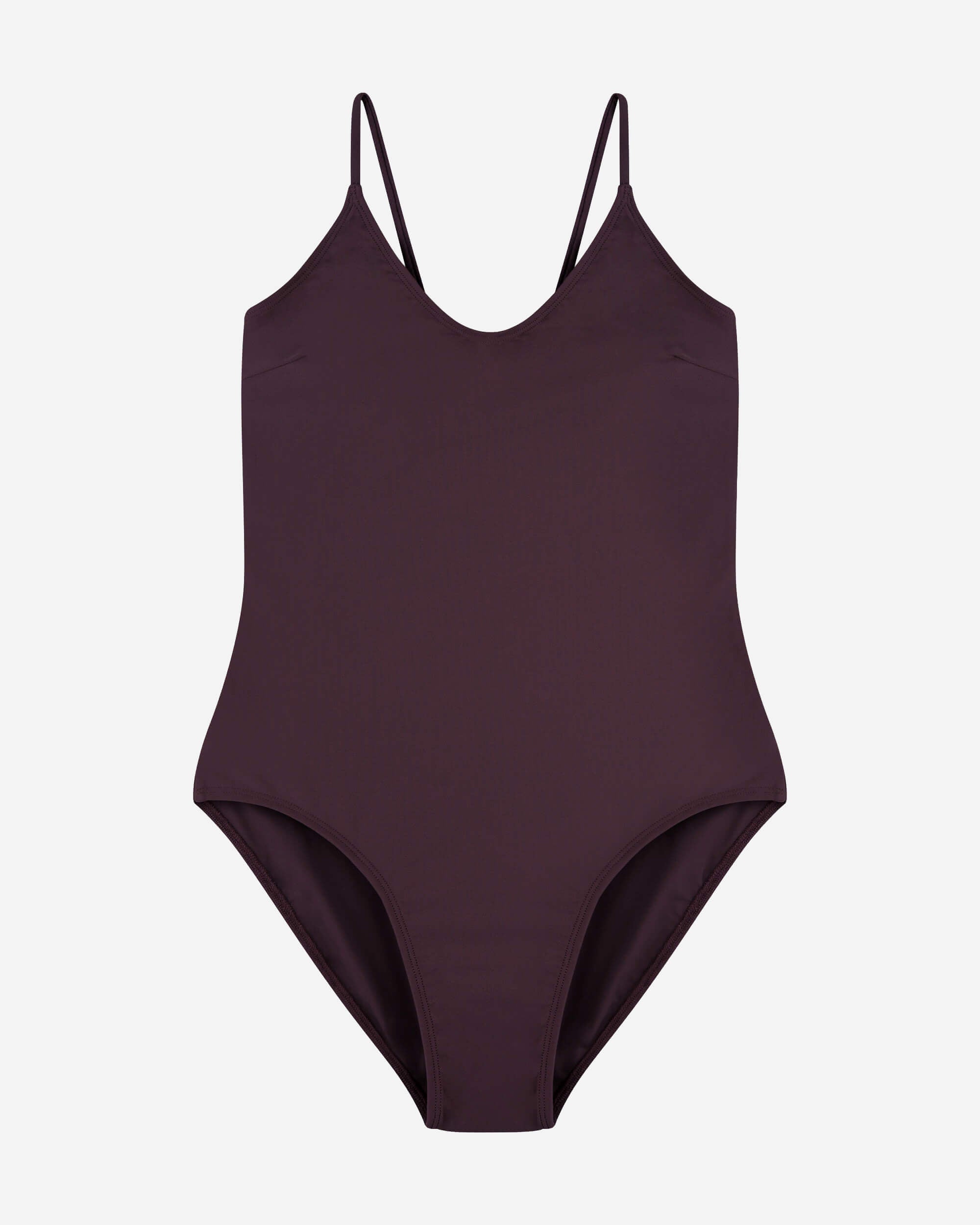Maillot de bain violet foncé à col en V, confectionné en Econyl durable par Matona.