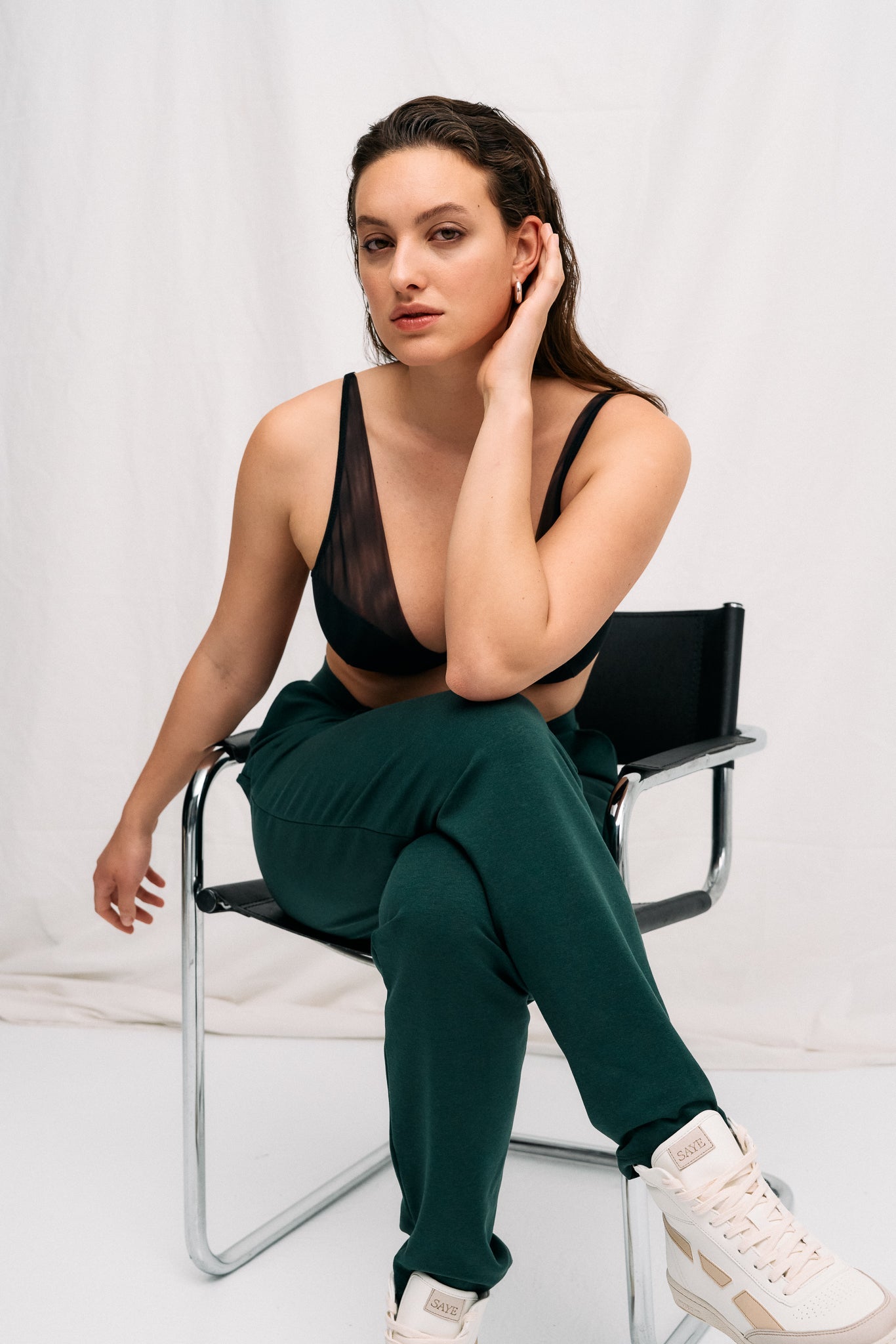 Green formal joggers made of lyocell by MOYA KALA 