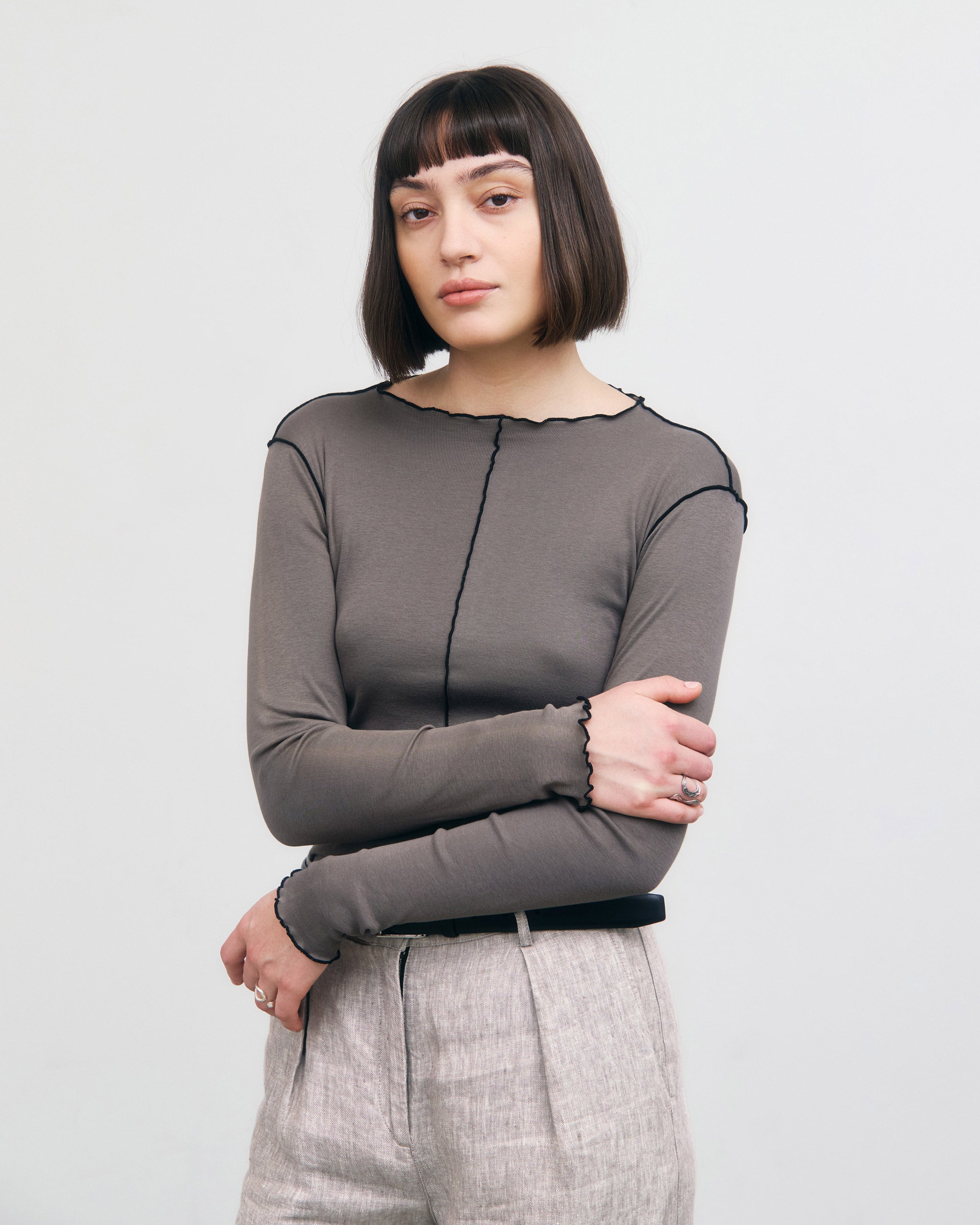 Rotholz Grey Pin-Tucked Long-Sleeve T-Shirt Made of Organic Cotton